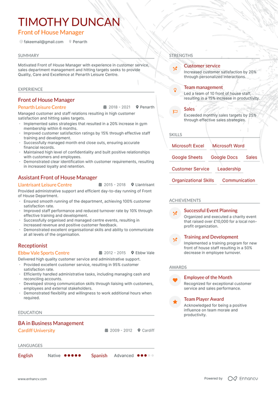 Front Of House Manager Resume Example