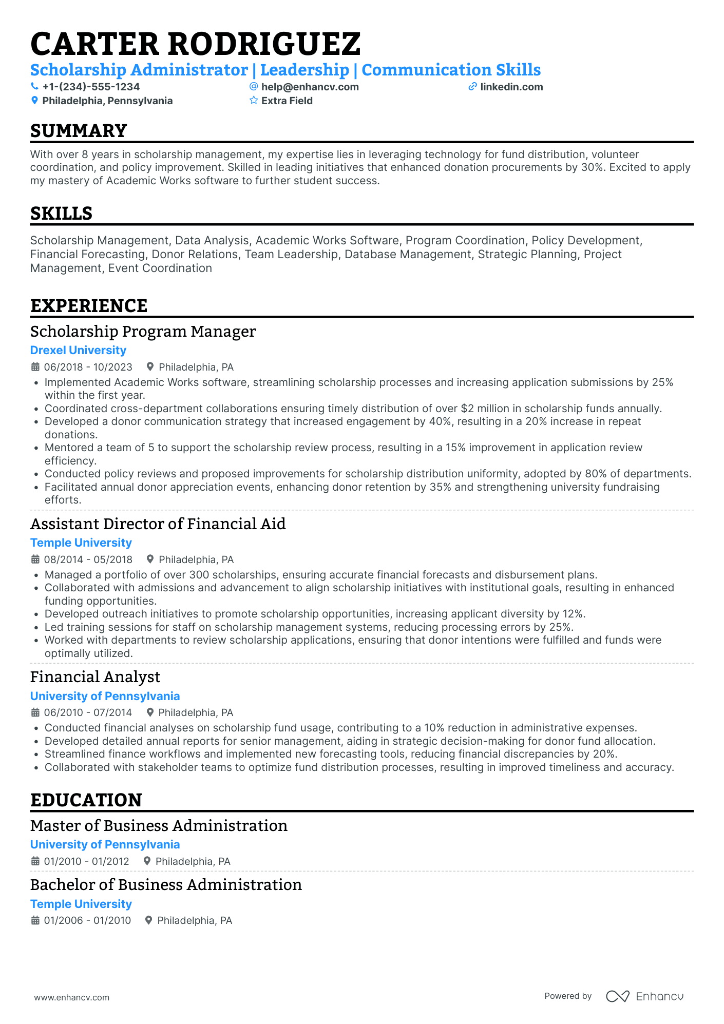 Scholarship Administrator Resume Example