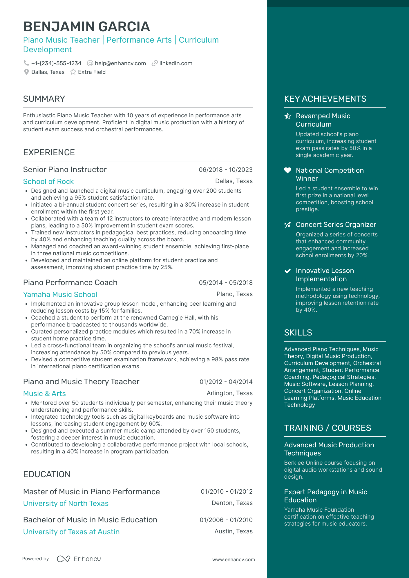 Piano Music Teacher Resume Example