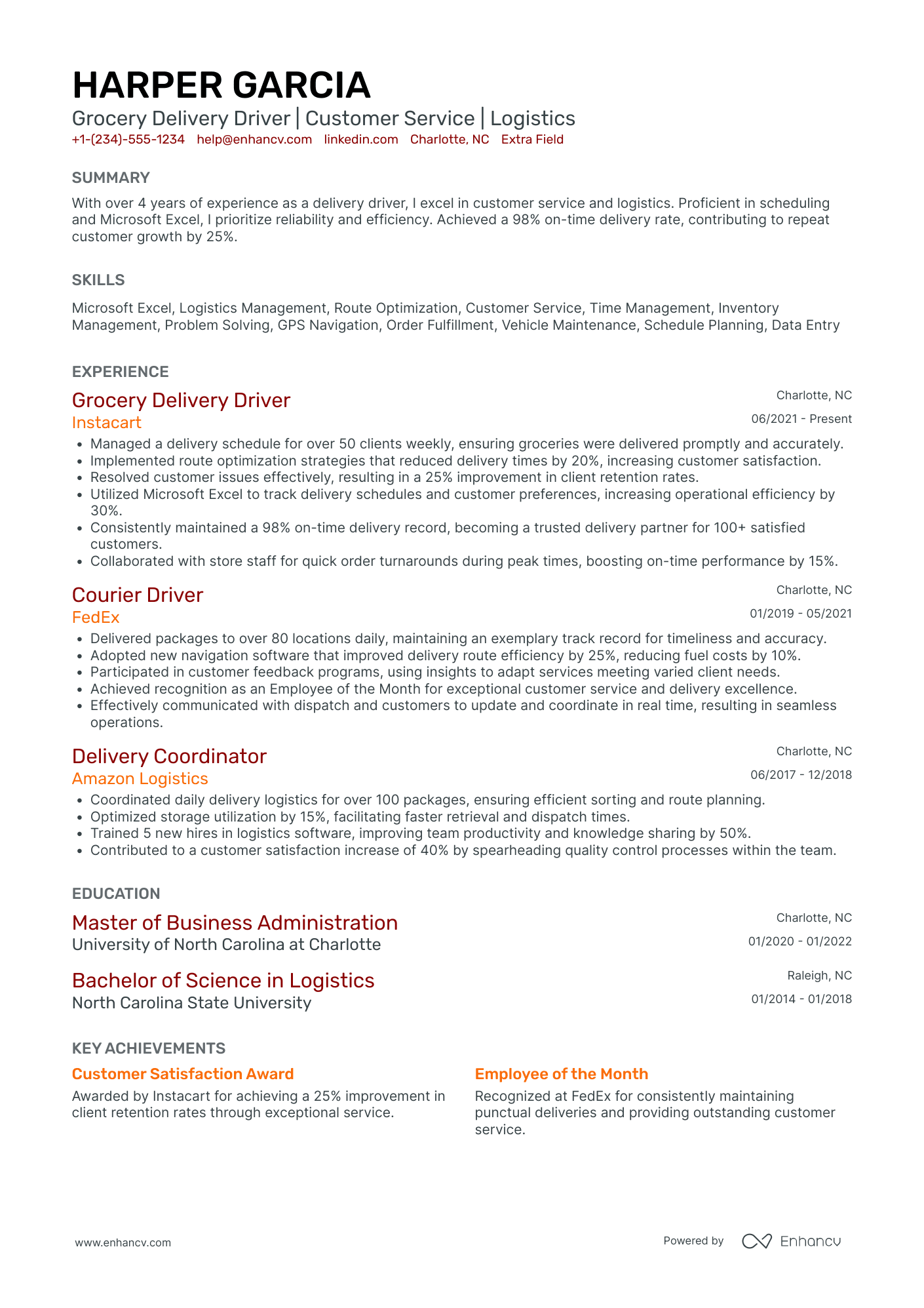 Grocery Delivery Driver Resume Example