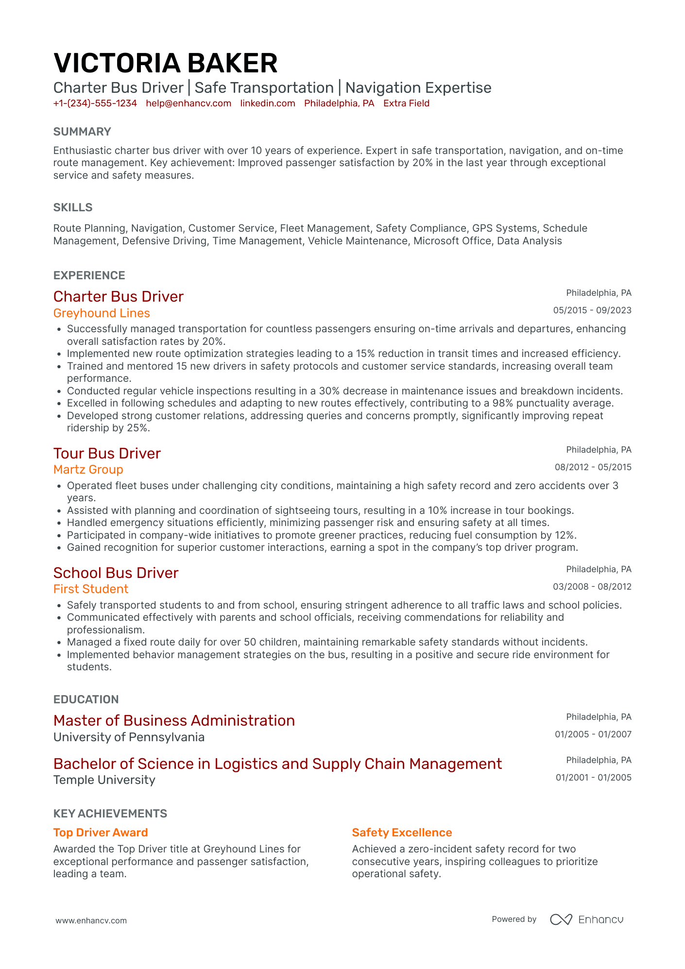 Charter Bus Driver Resume Example