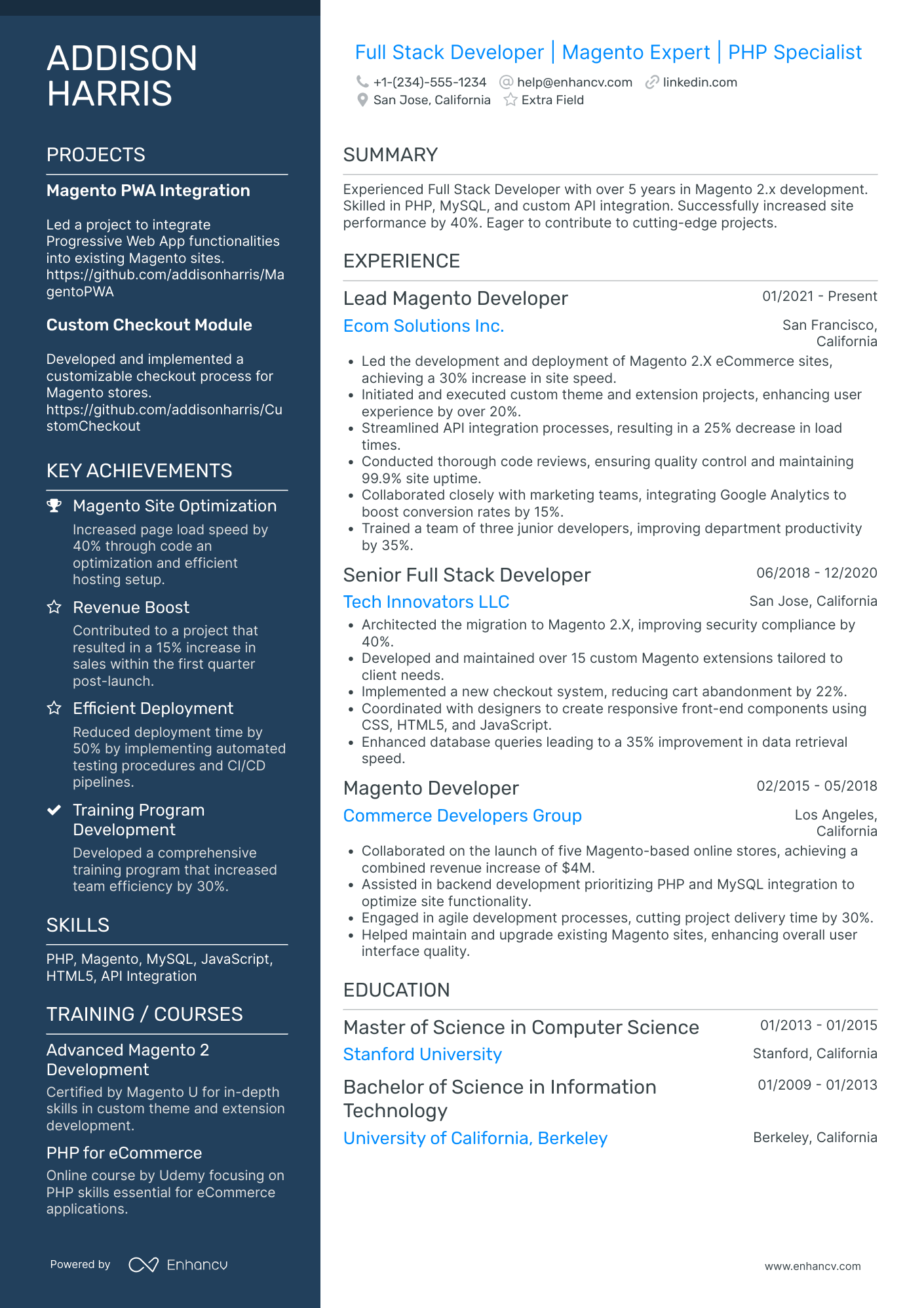 Front End Magento Developer Resume Example