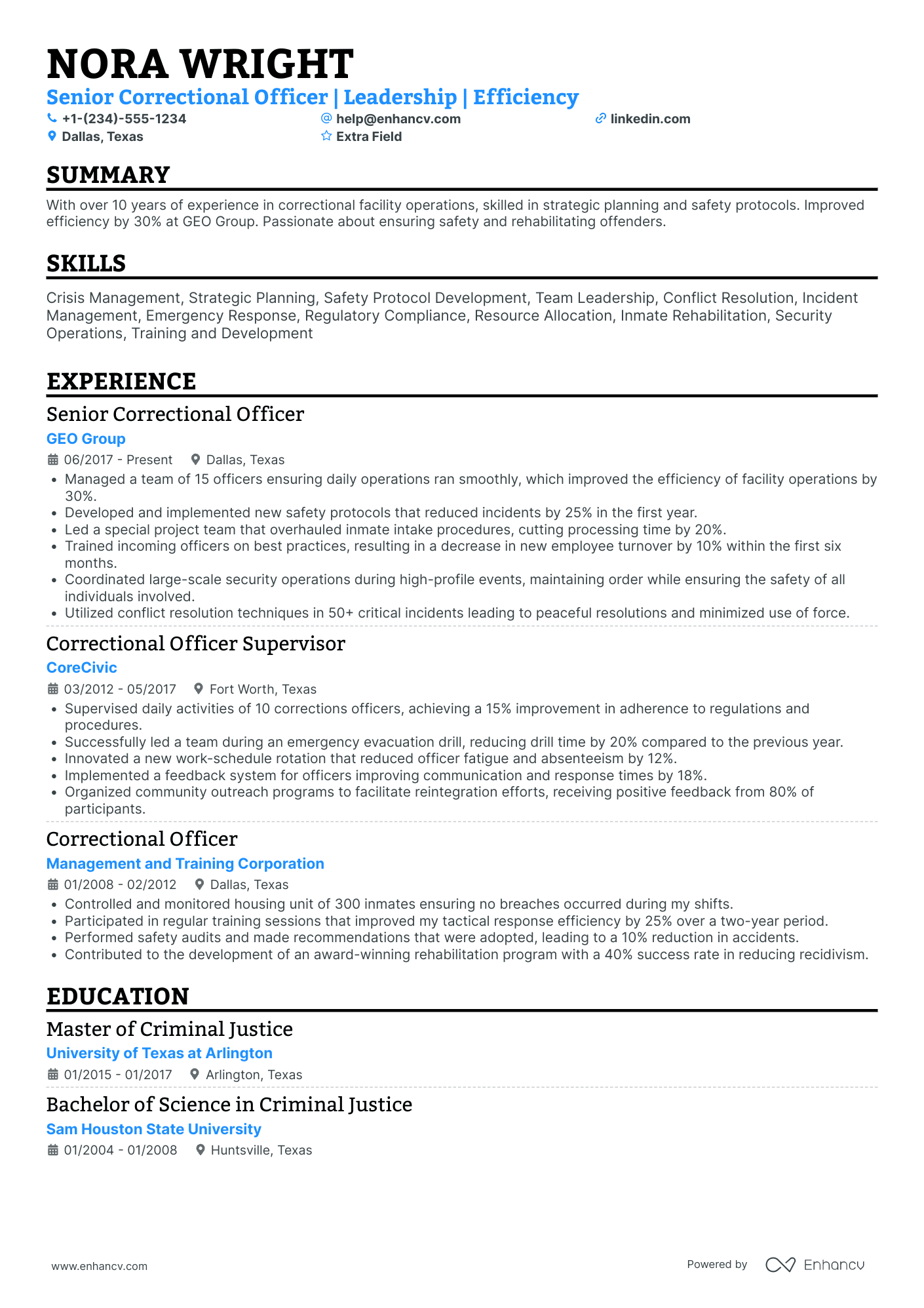 Senior Correctional Officer Resume Example