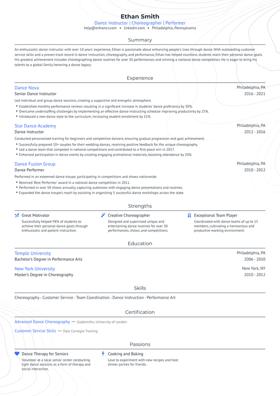 Competitive Dancer Resume Example