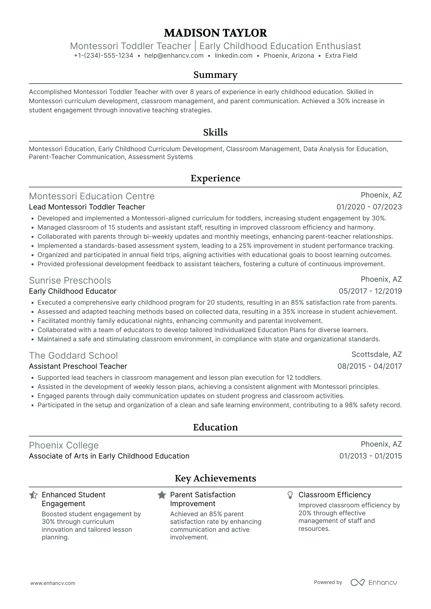 Montessori Preschool Teacher Resume Example