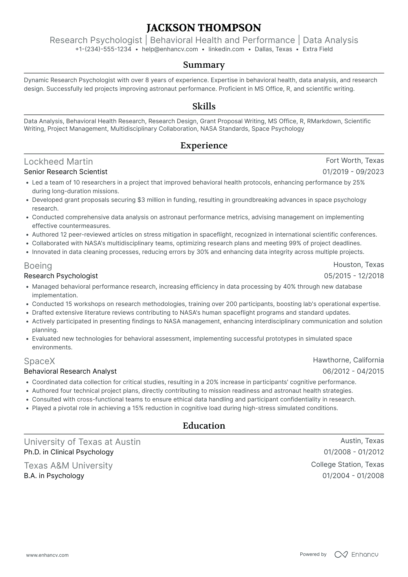 Research Psychologist Resume Example