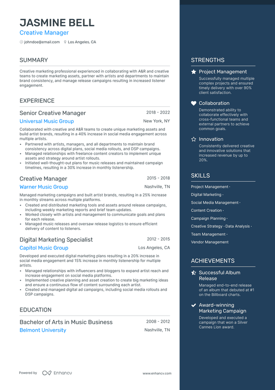 Creative Manager Resume Example
