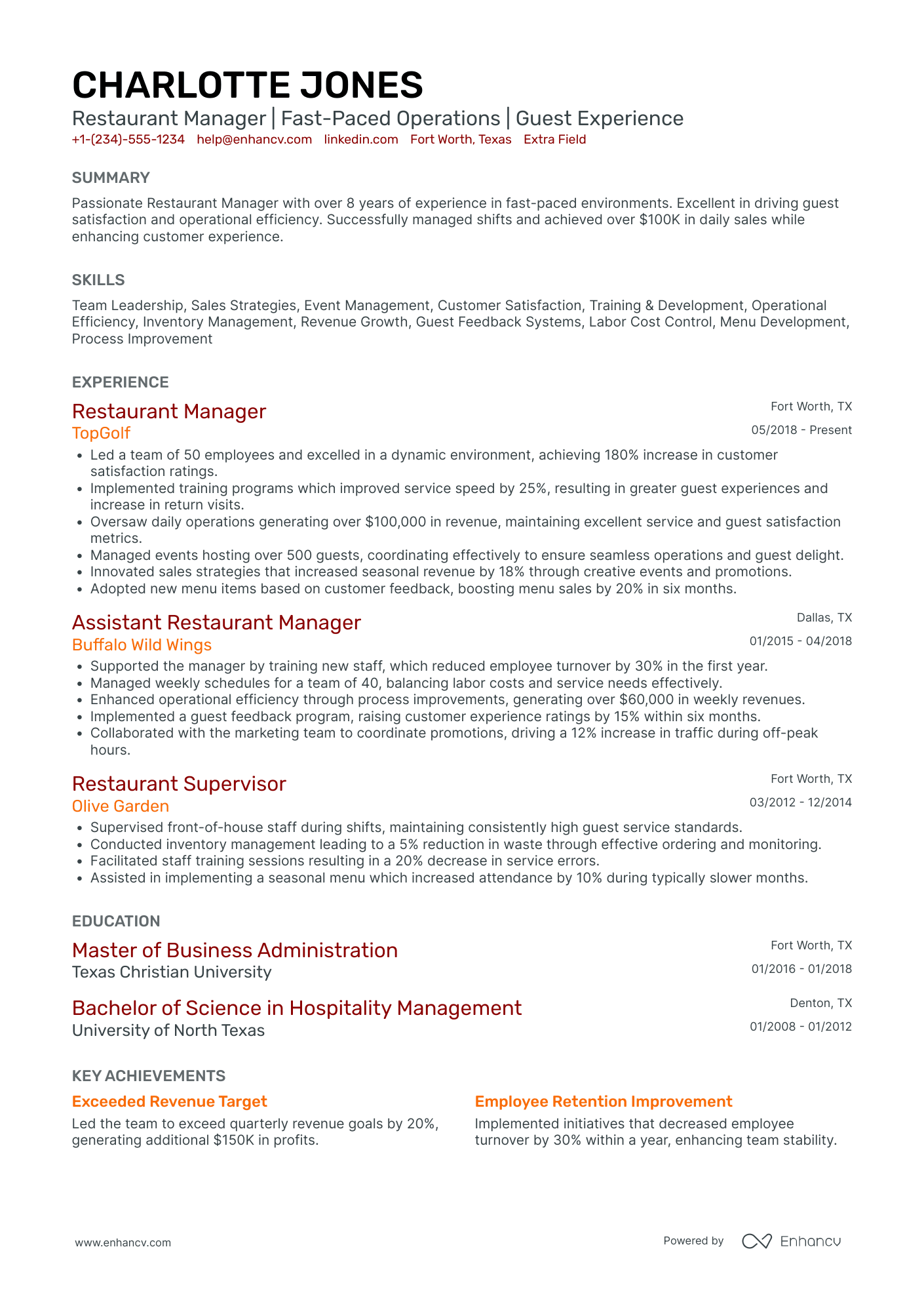 Night Shift Restaurant Manager Resume Example