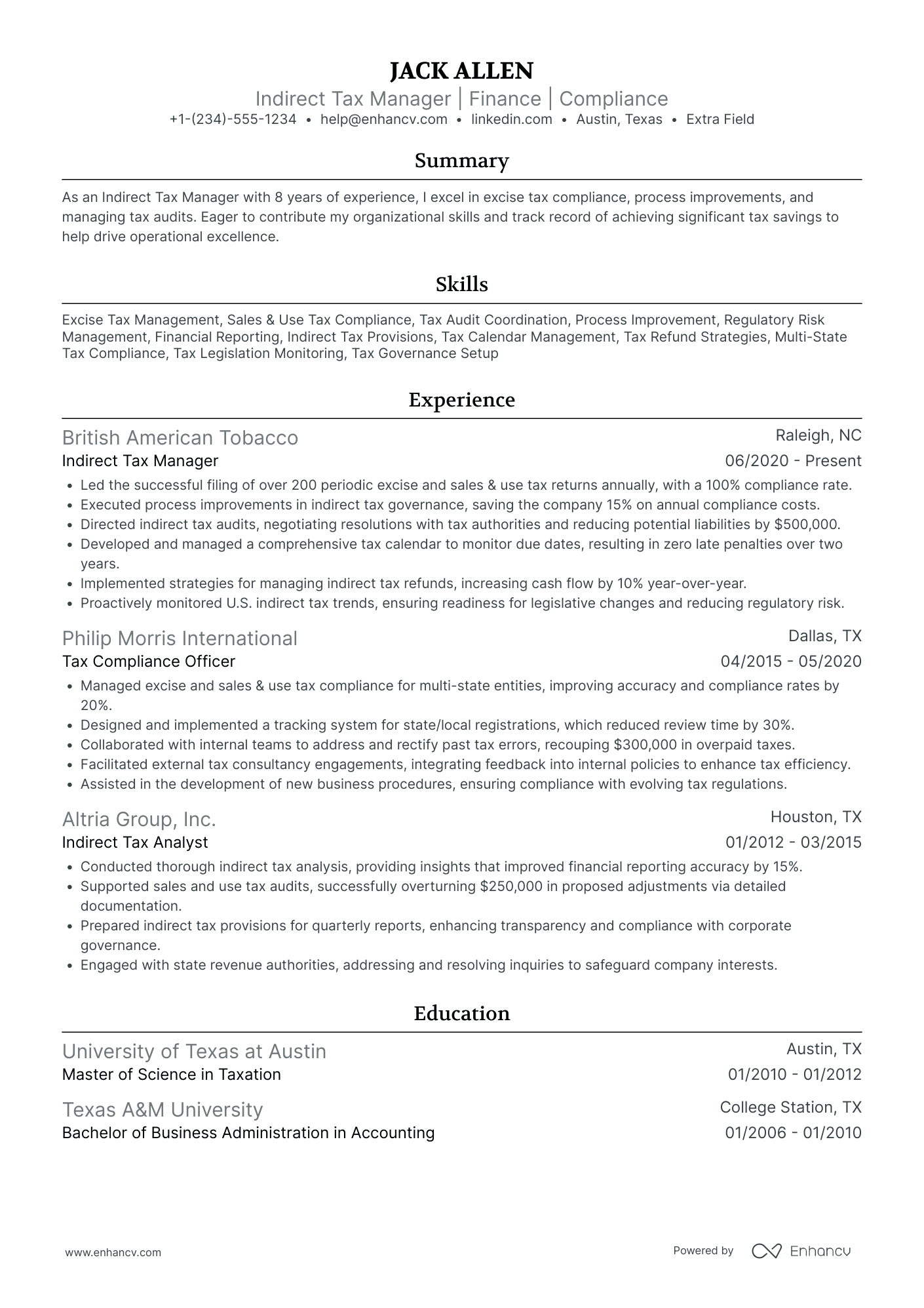 Indirect Tax Manager Resume Example