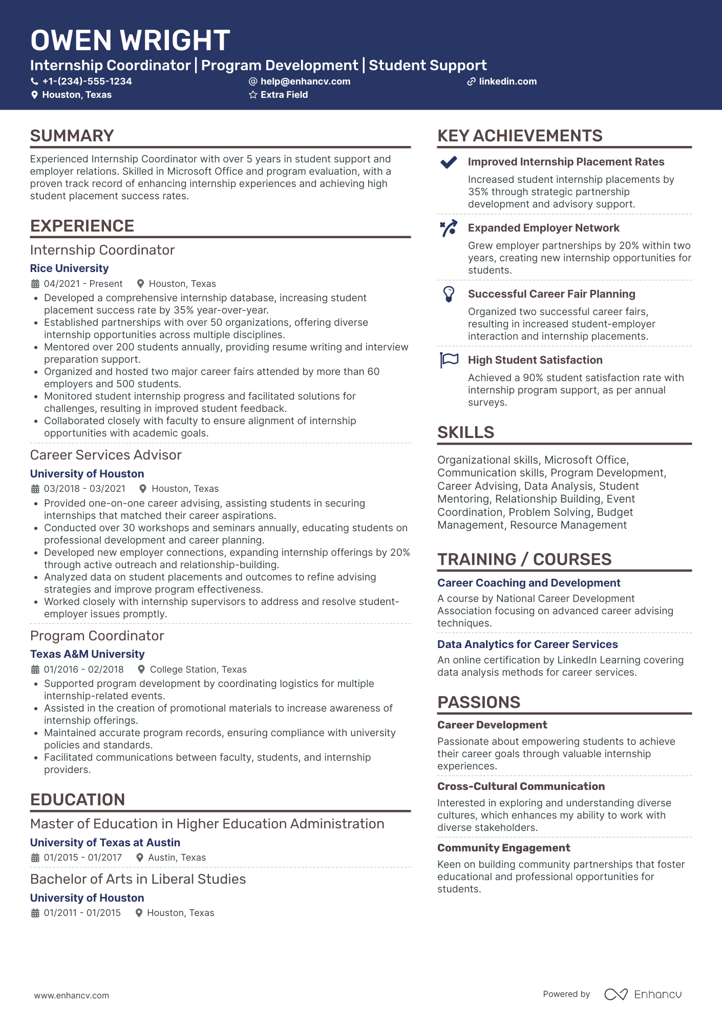 College Internship Coordinator Resume Example