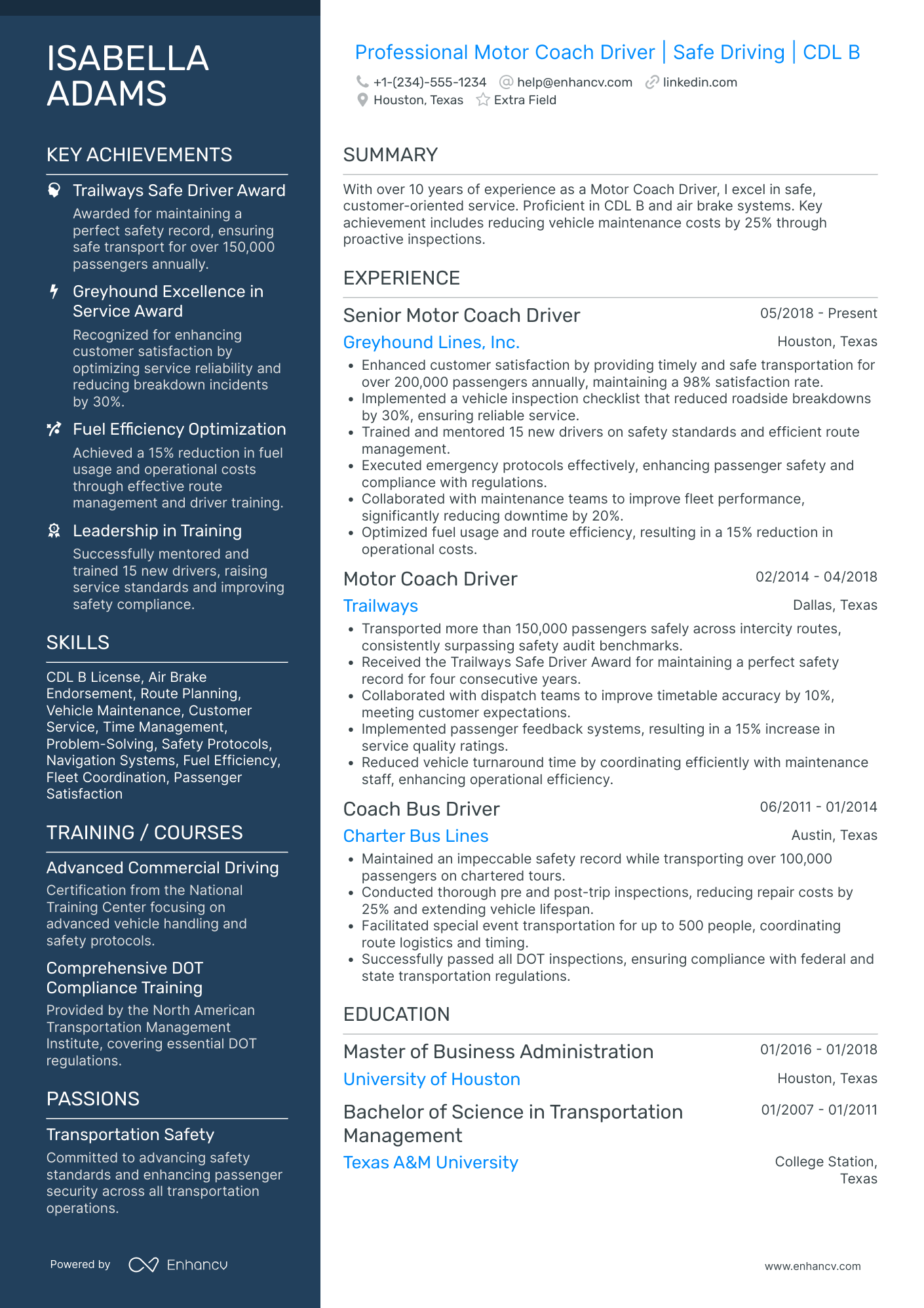 Motor Coach Driver Resume Example