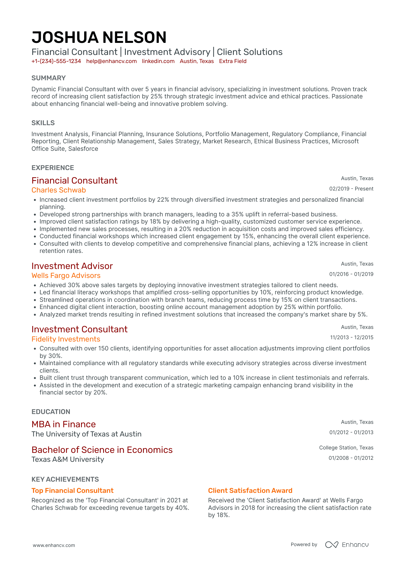 Financial Advisor Consultant Resume Example