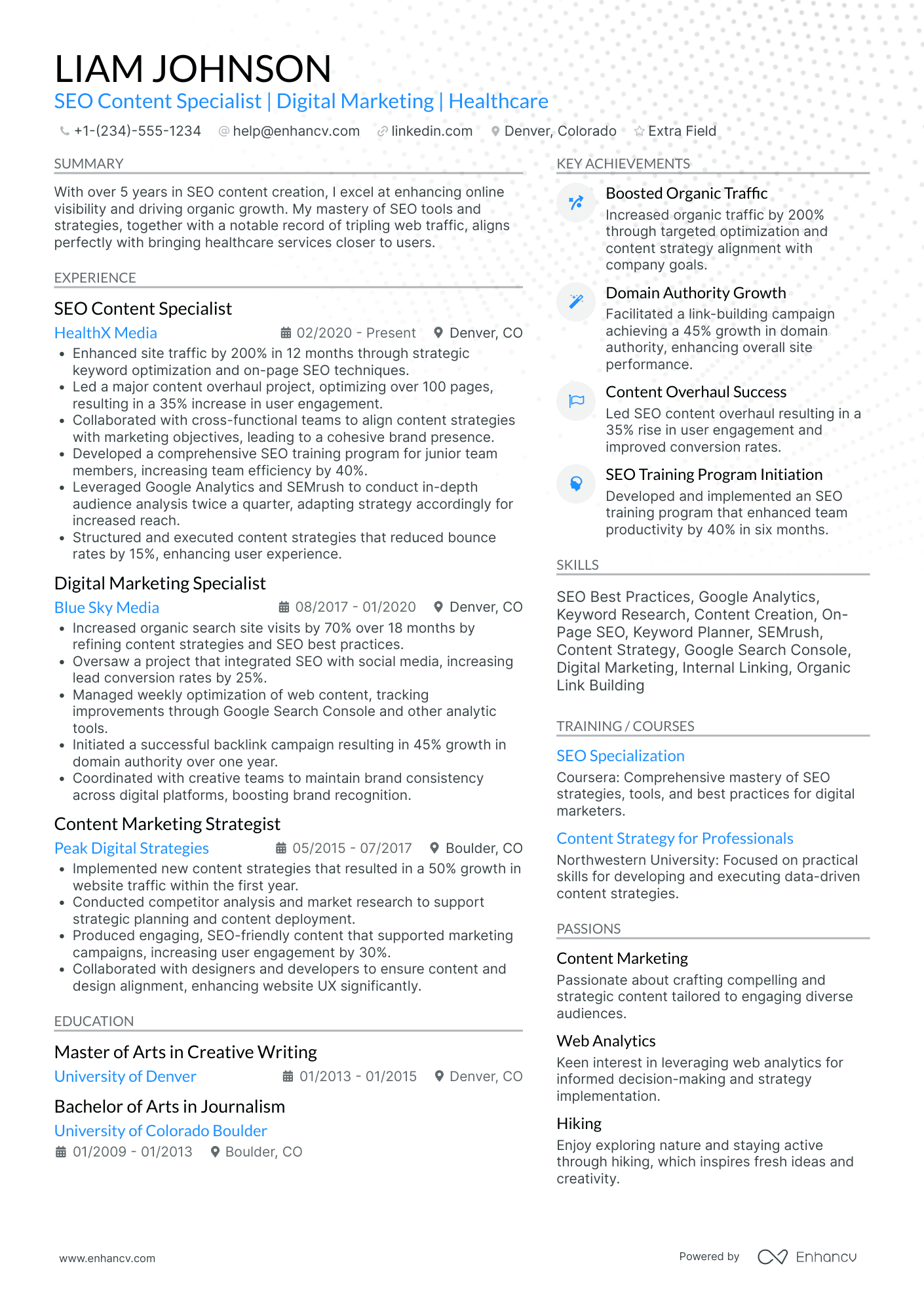 SEO Content Specialist Resume Example