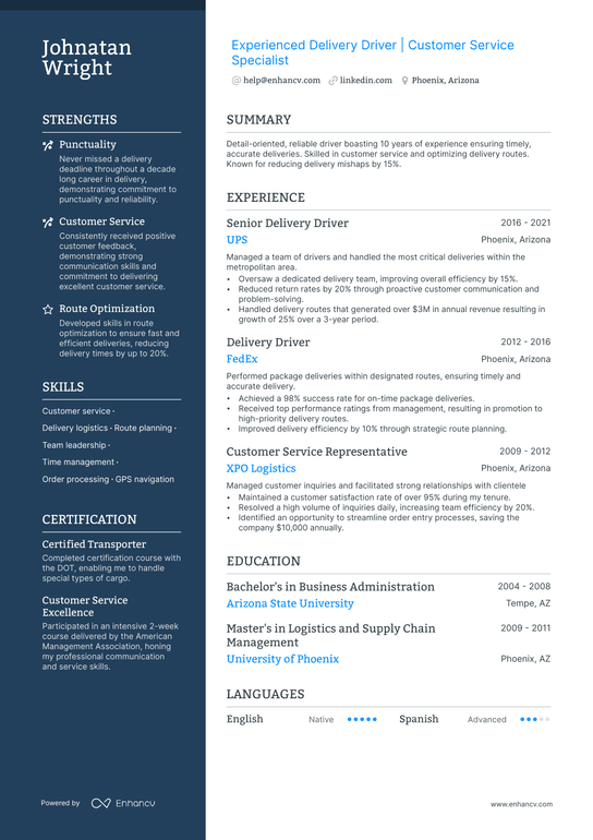 Food Delivery Driver Resume Example
