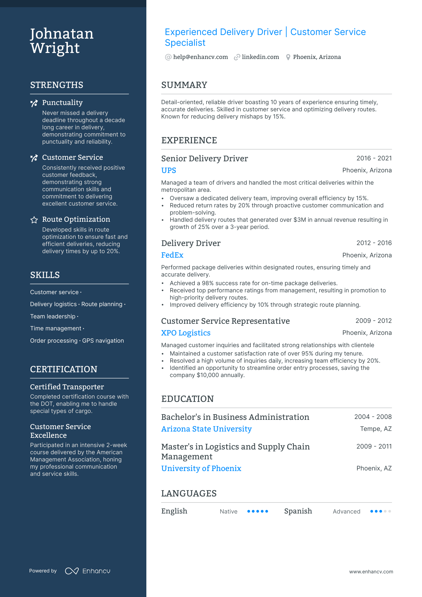 Food Delivery Driver Resume Example