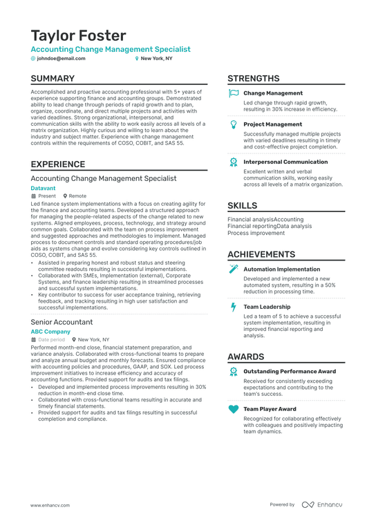 Management Accounting Resume Example