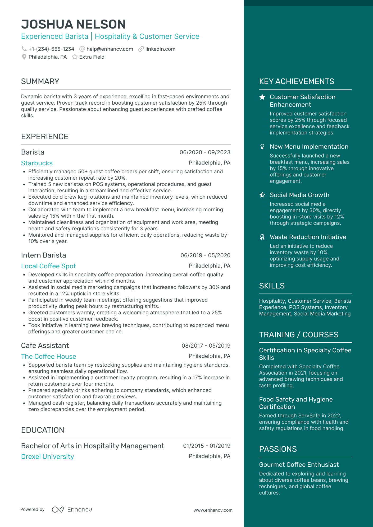 Junior Barista Resume Example