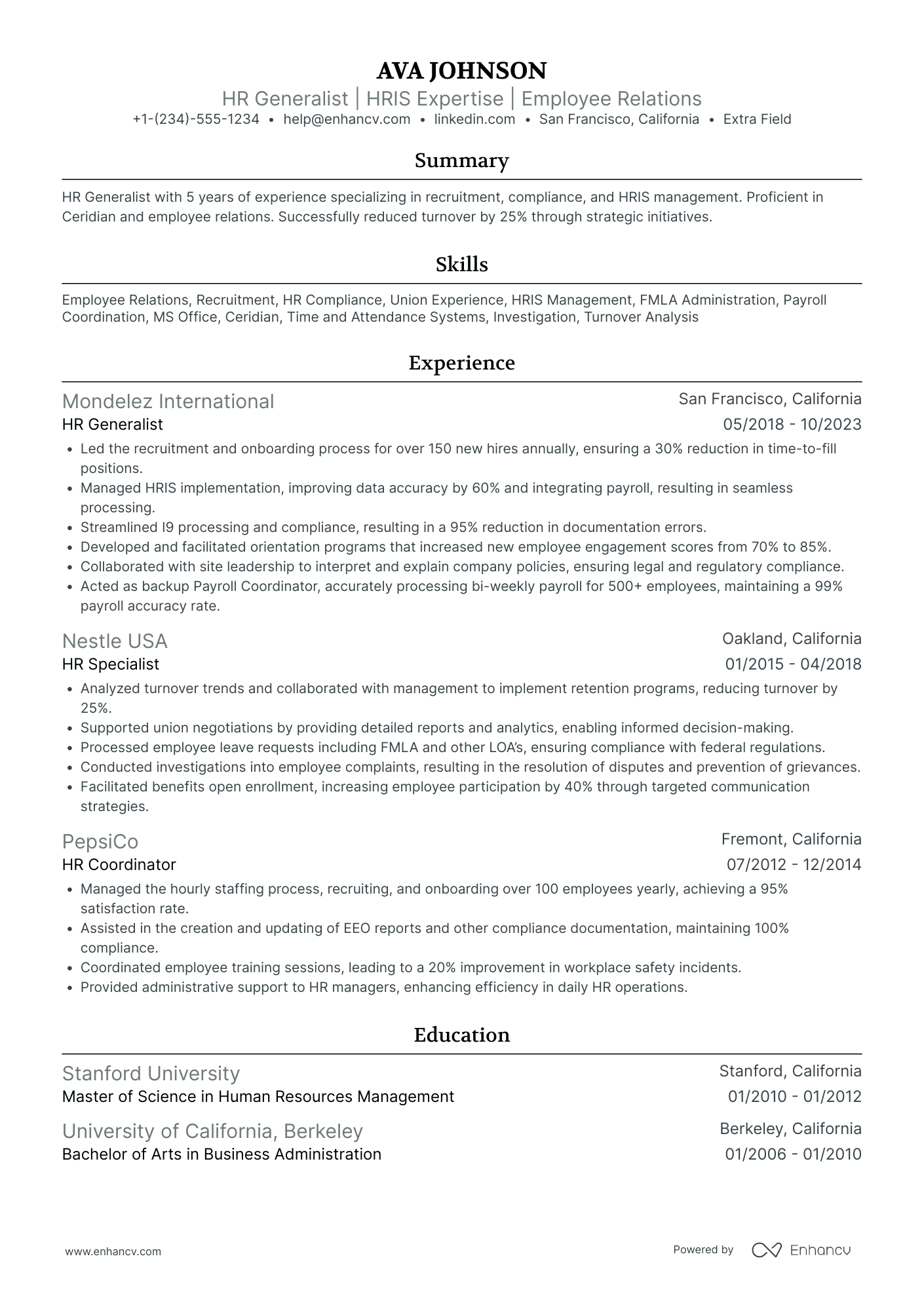 HR Generalist Supervisor Resume Example