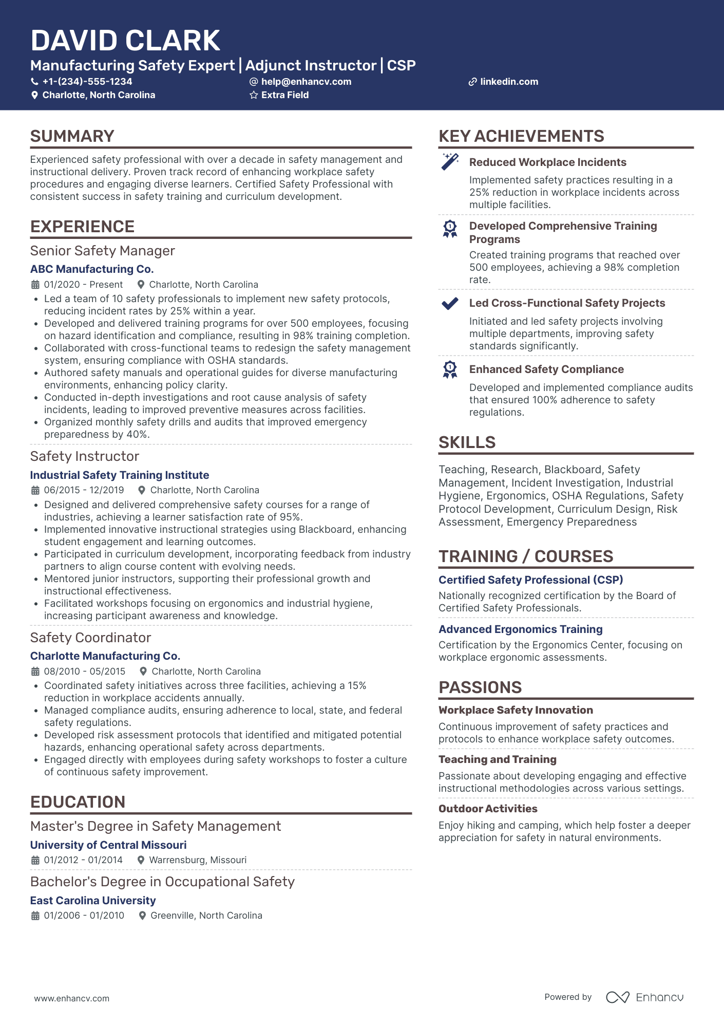 Manufacturing Safety Manager Resume Example