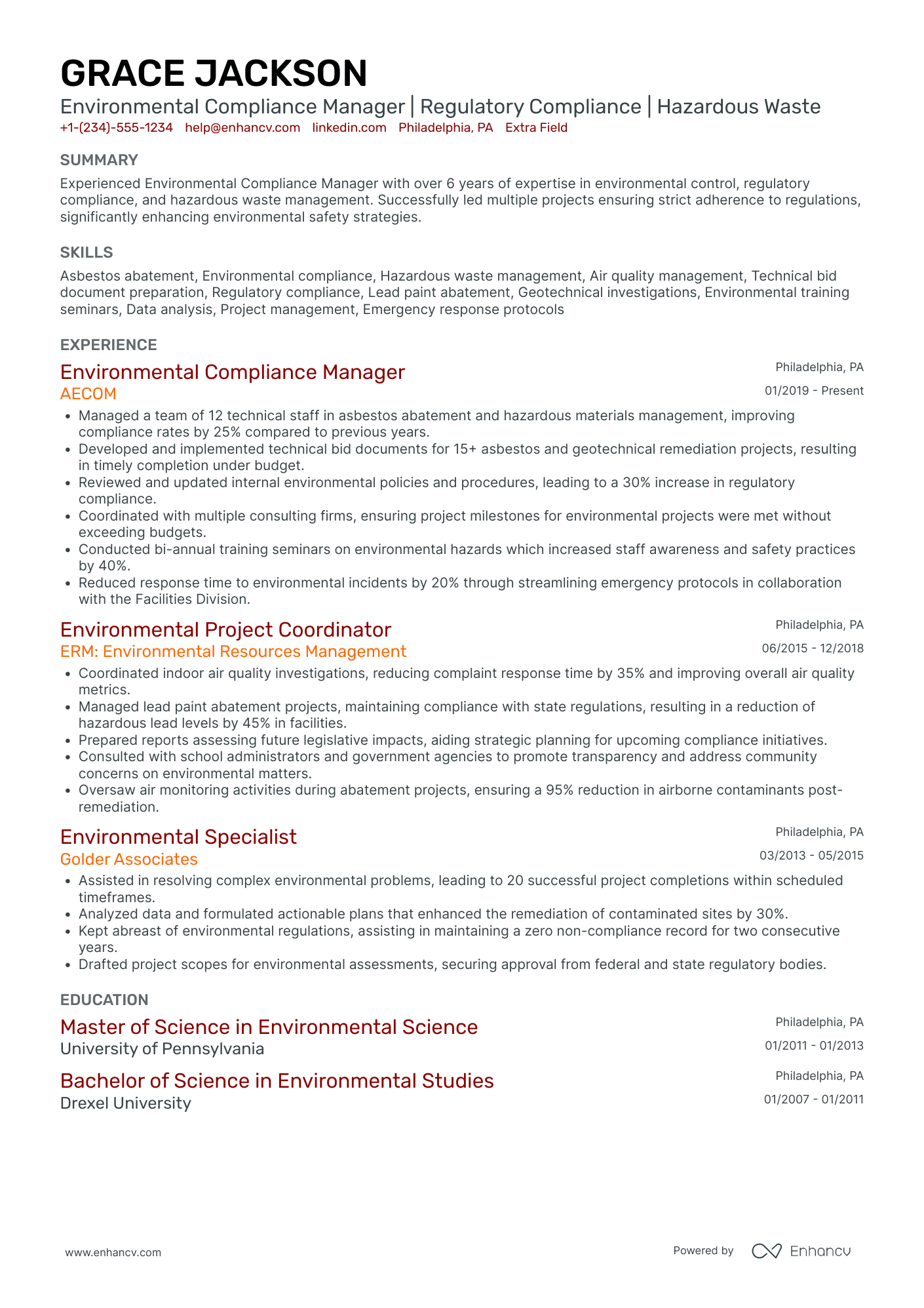 Environmental Compliance Manager Resume Example