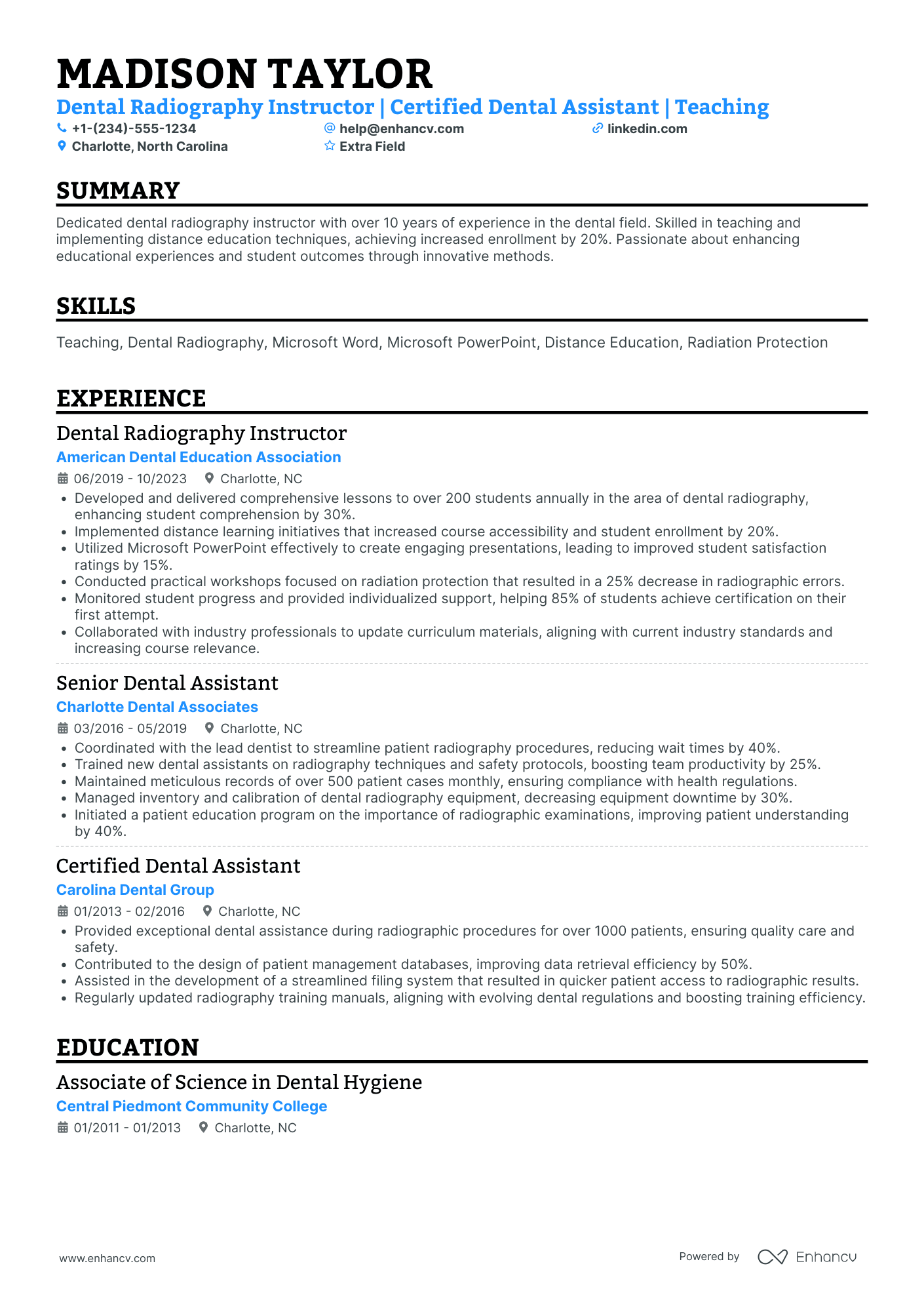 Dental Radiography Assistant Resume Example