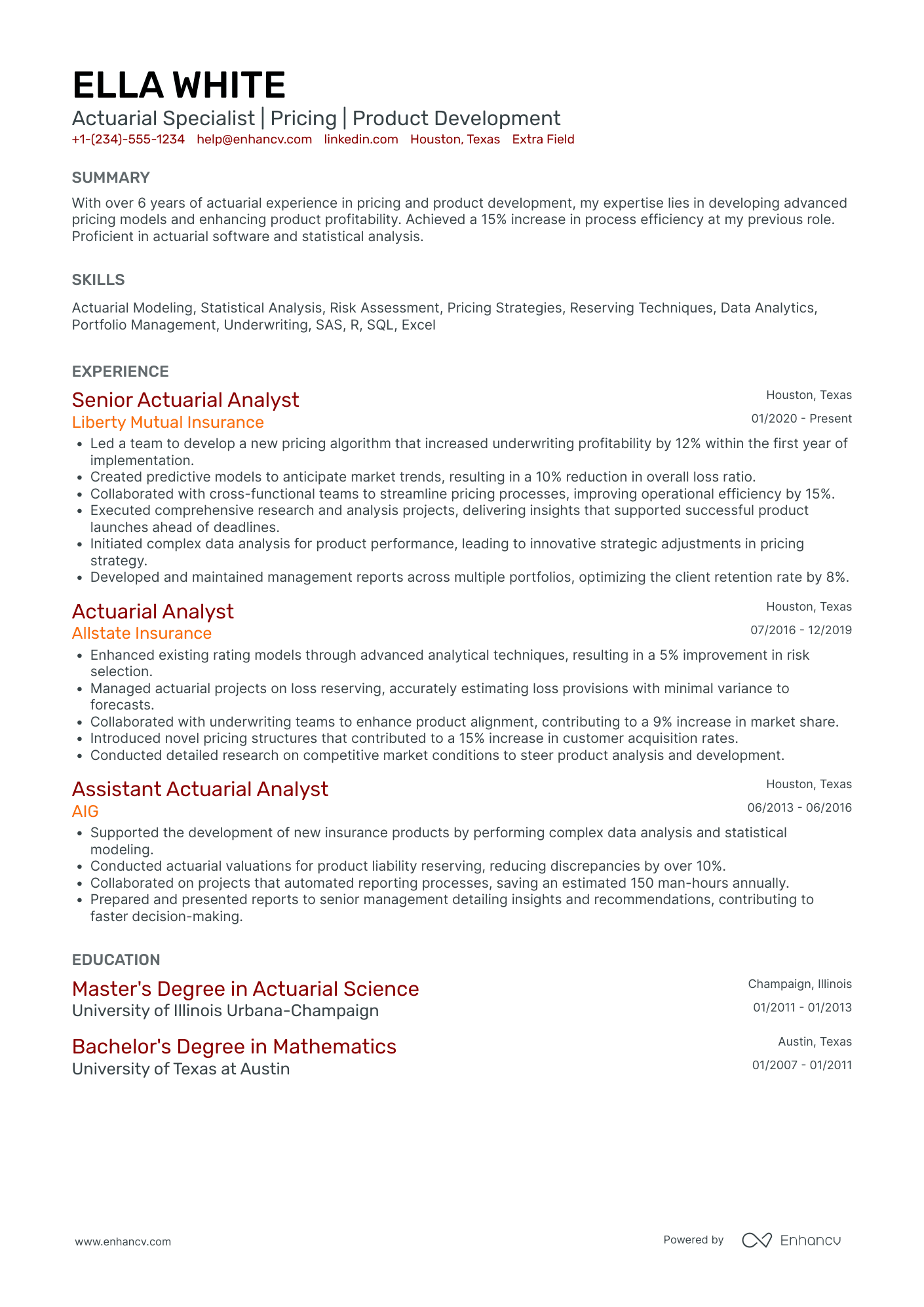 Actuarial Pricing Specialist Resume Example