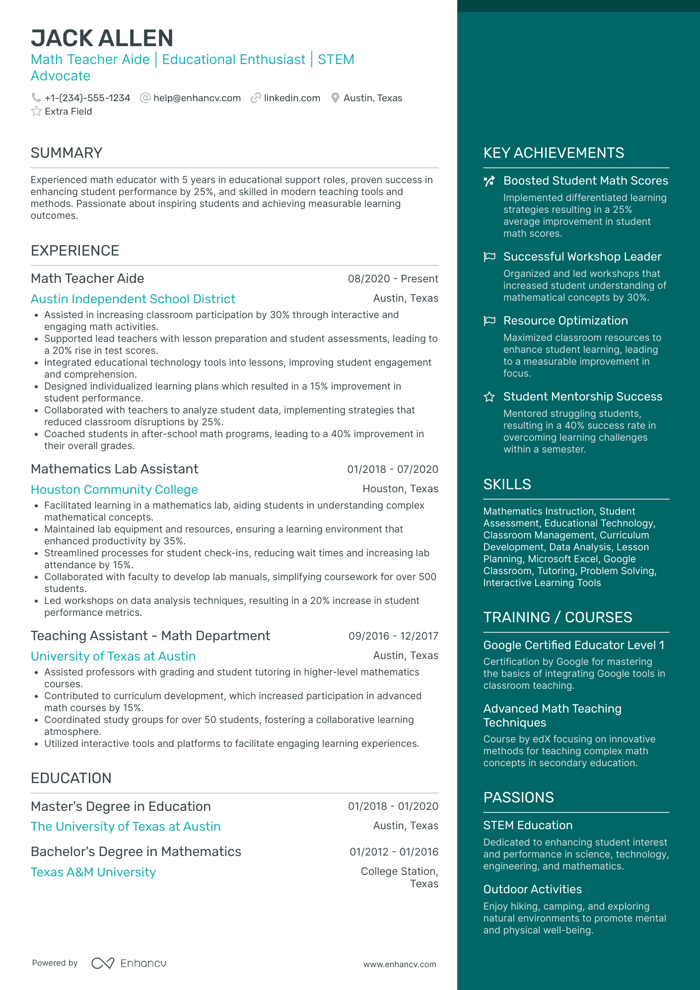 Math Teacher Aide Resume Example