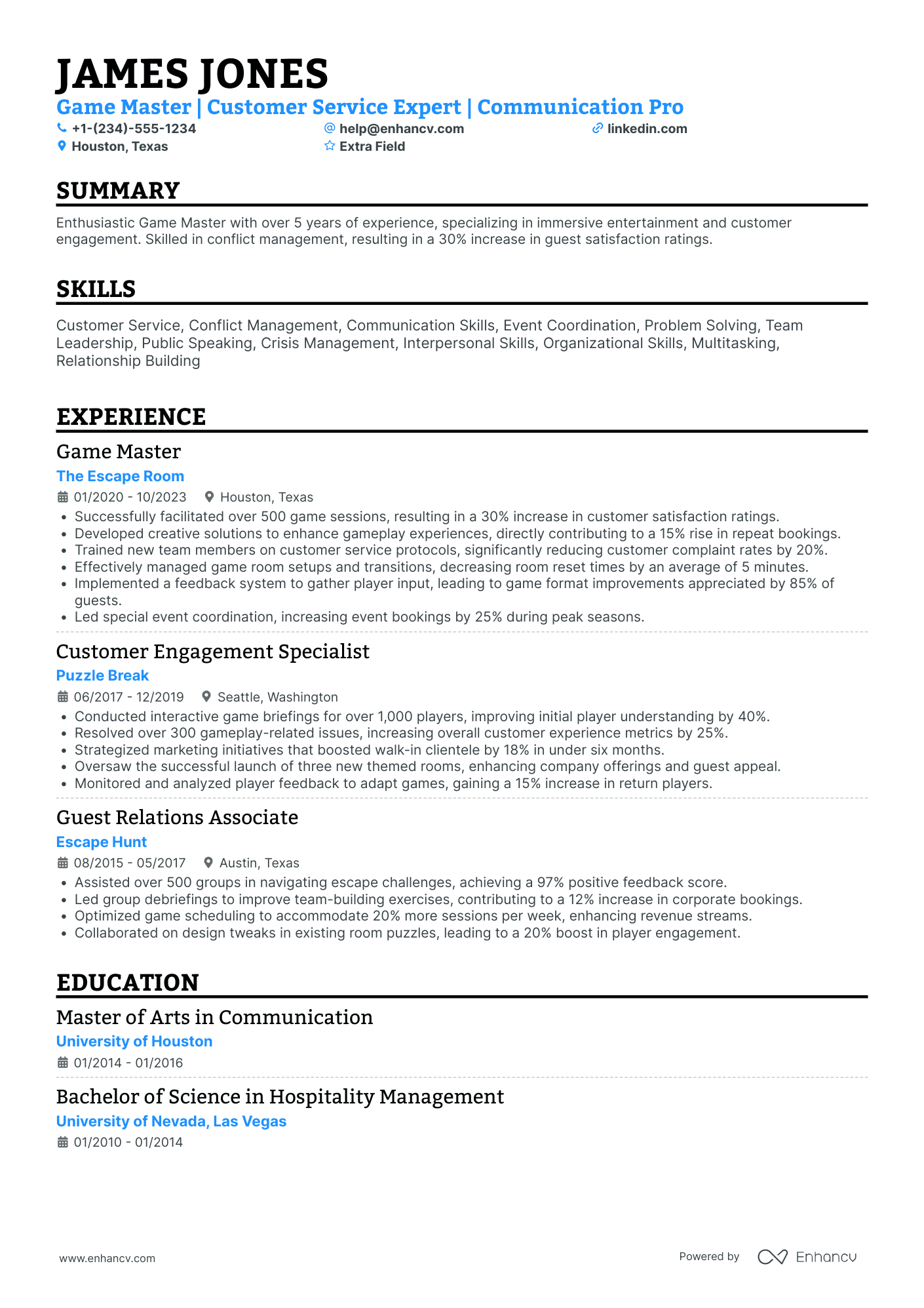 Senior Escape Room Game Master Resume Example