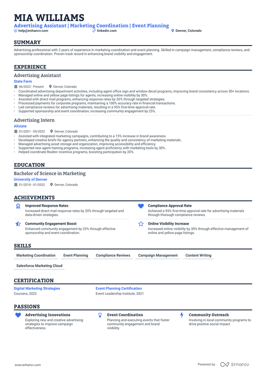 Advertising Assistant Resume Example