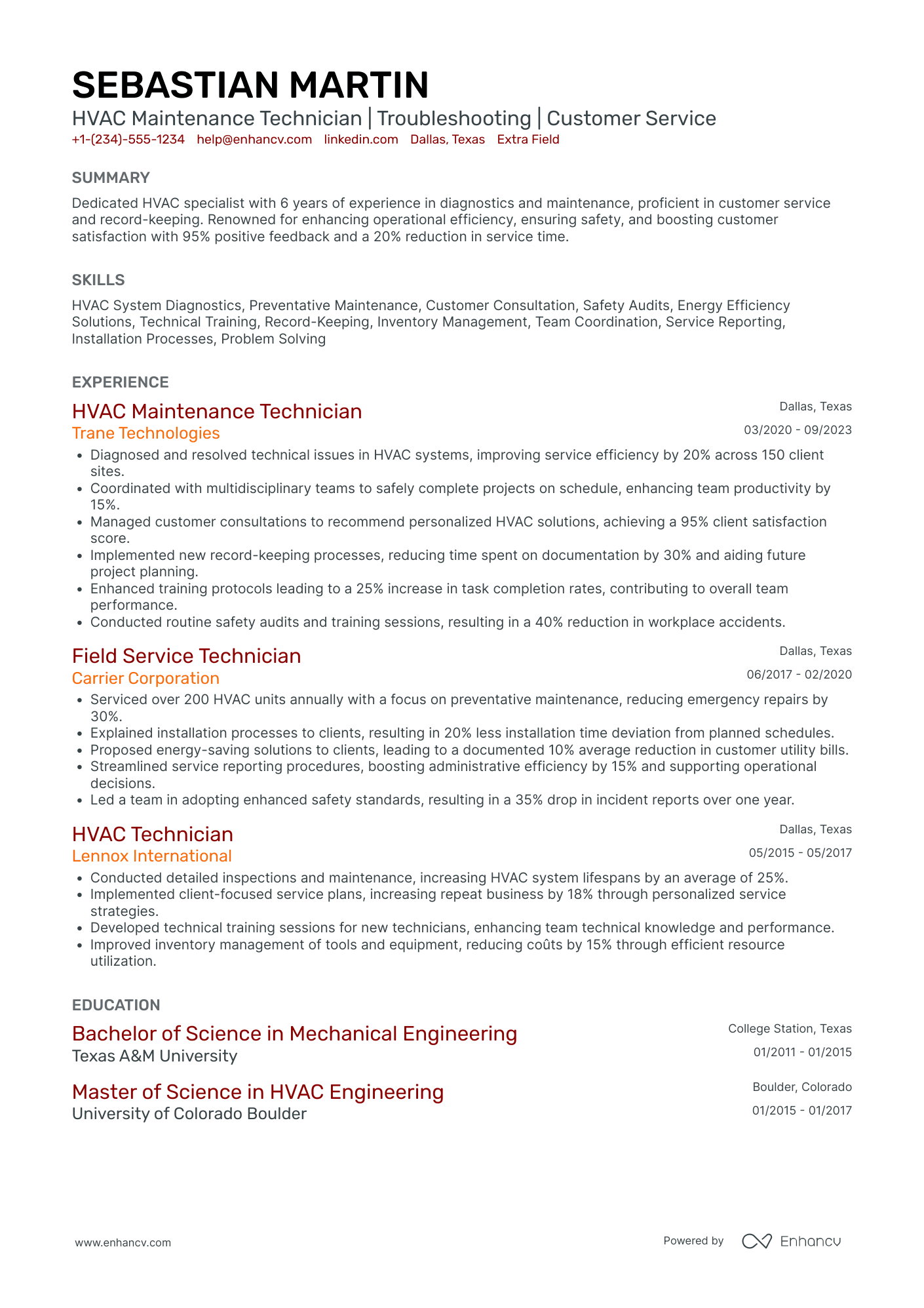 HVAC Maintenance Technician Resume Example