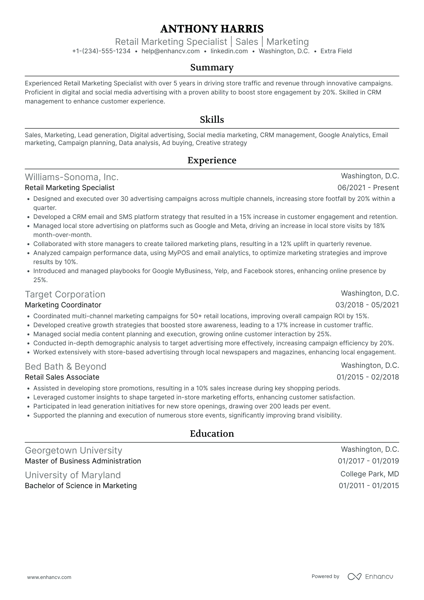 Mid Level Retail Marketing Specialist Resume Example