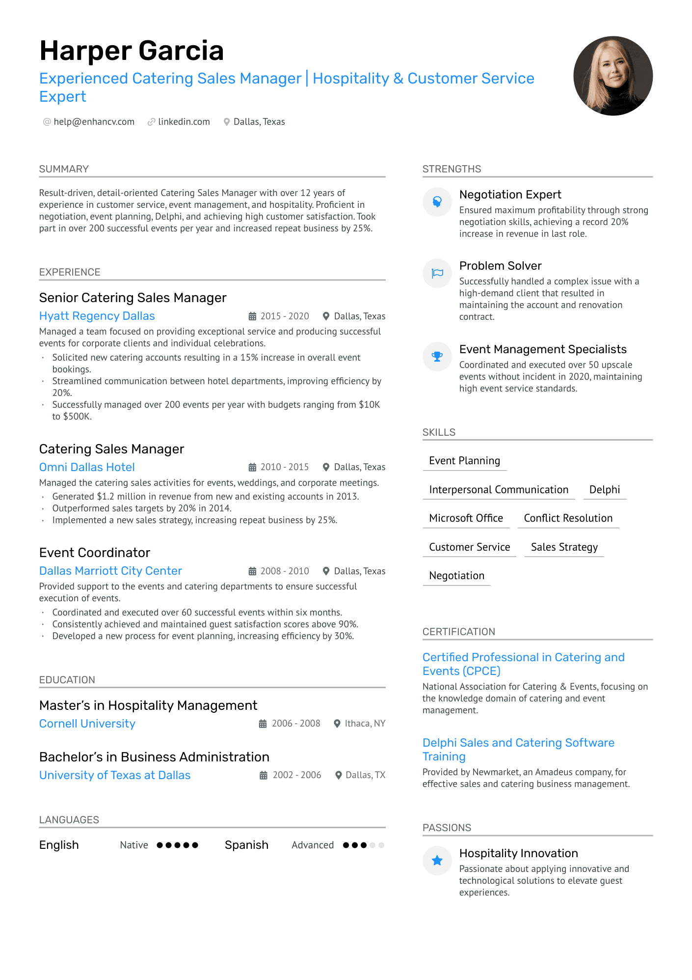 Catering Sales Manager Resume Example