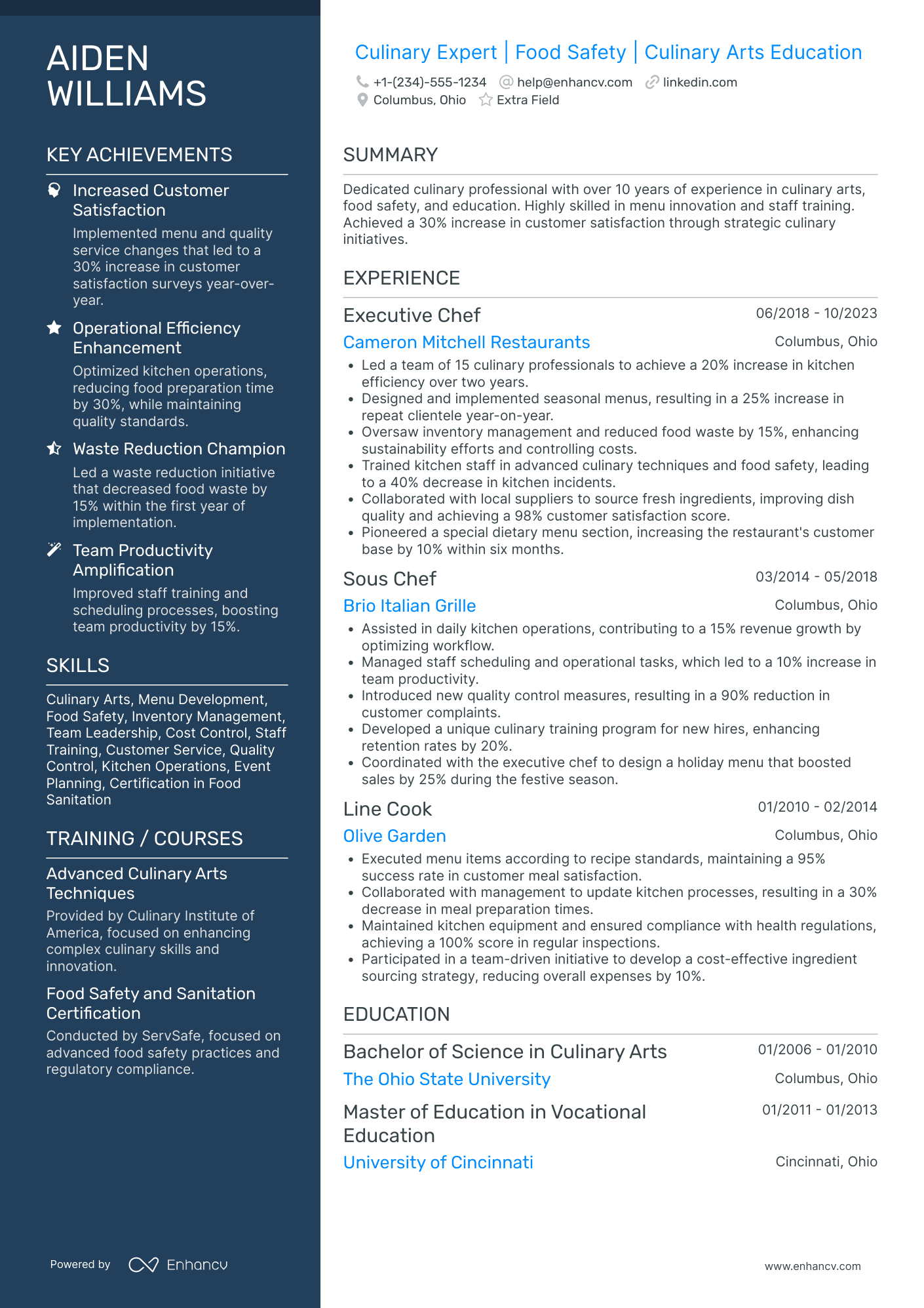 Culinary Arts Instructor Resume Example