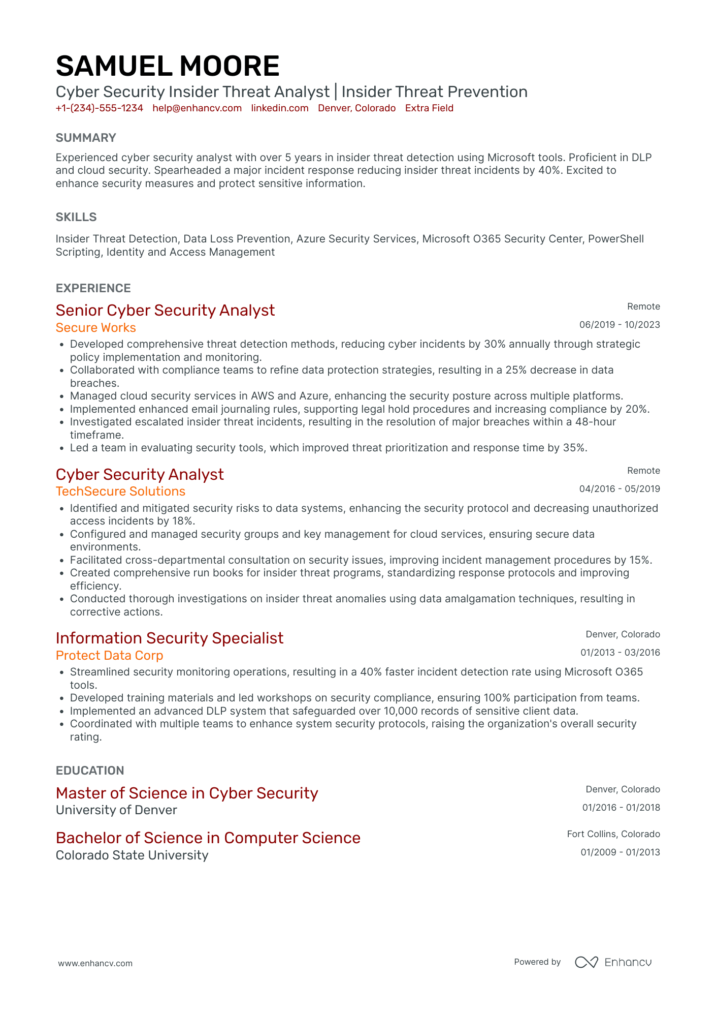 Cyber Security Compliance Analyst Resume Example