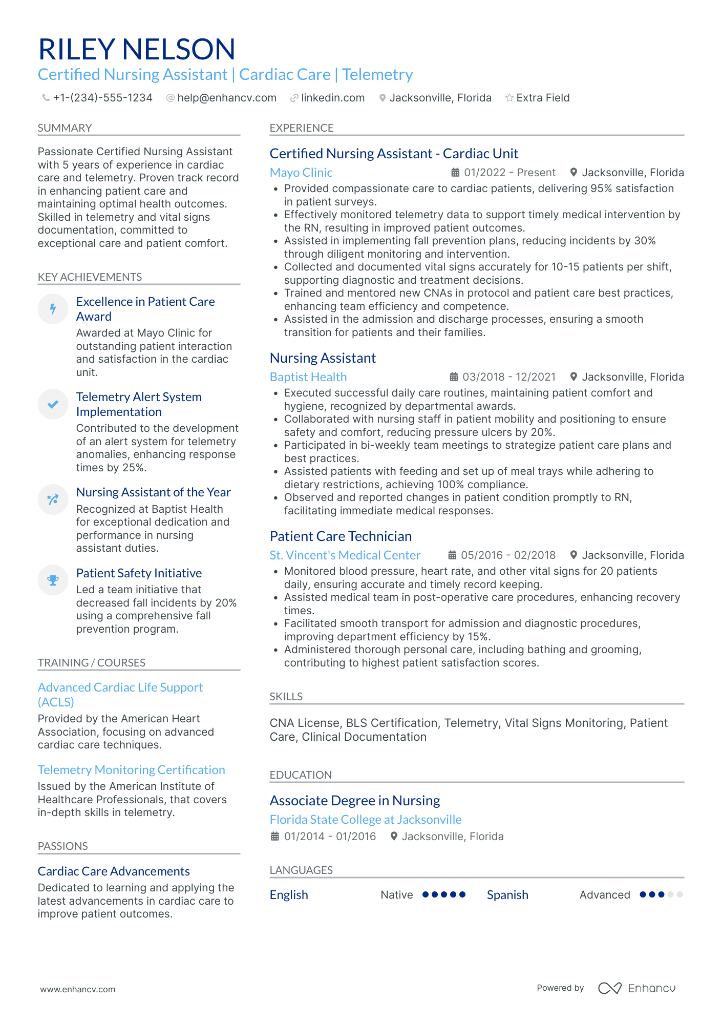 Cardiac Care Nursing Assistant Resume Example