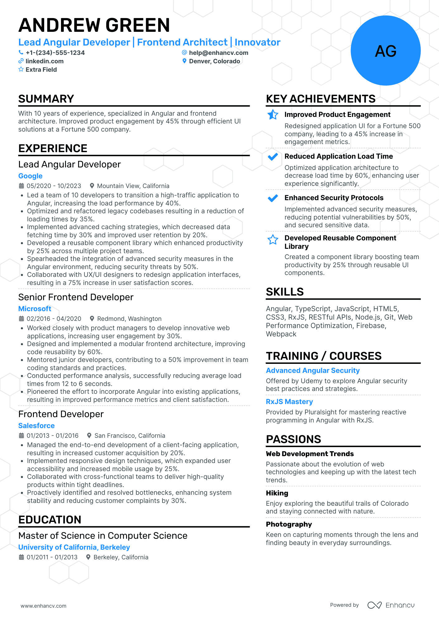 Lead Angular Developer Resume Example