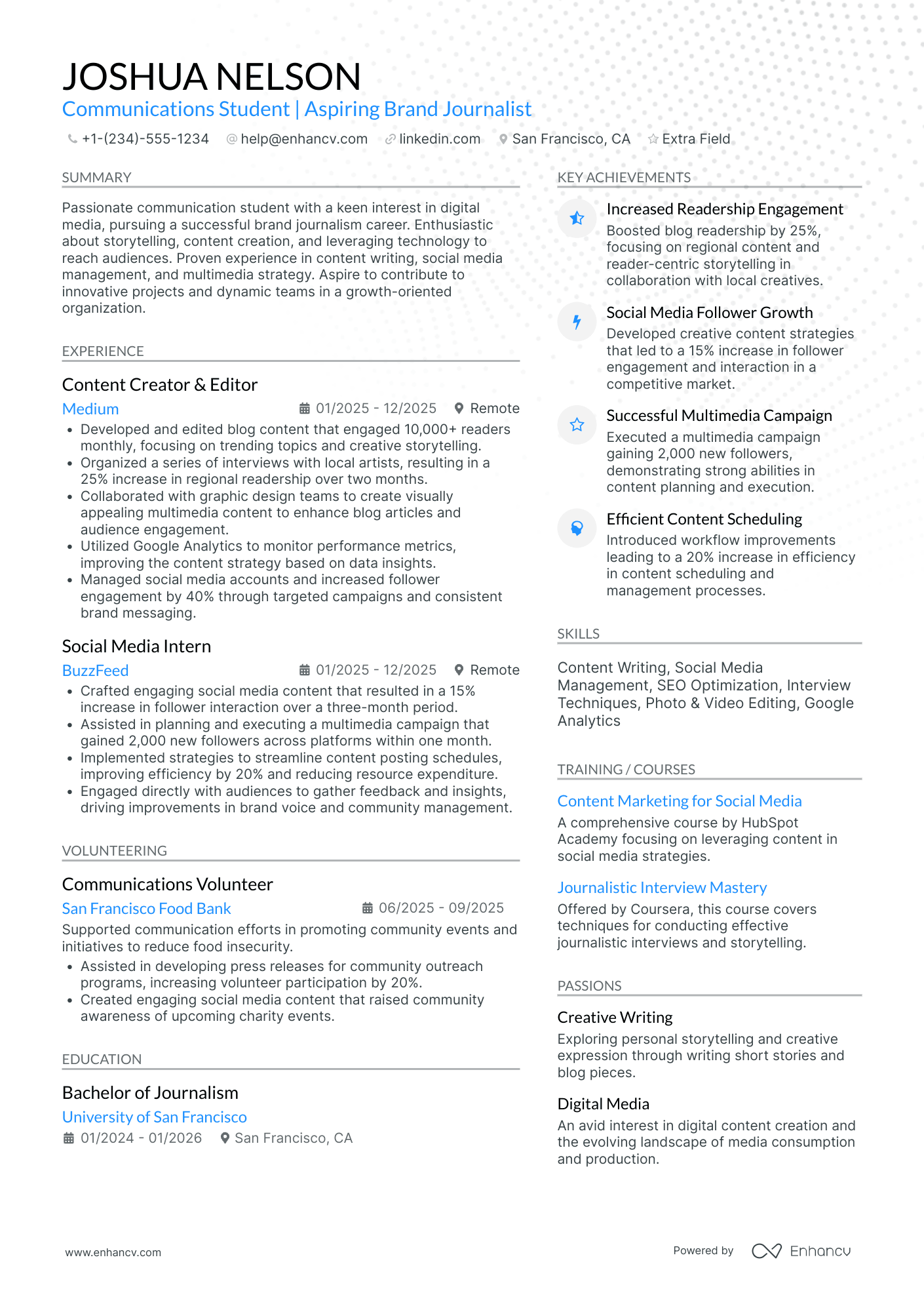 Journalism Intern Resume Example