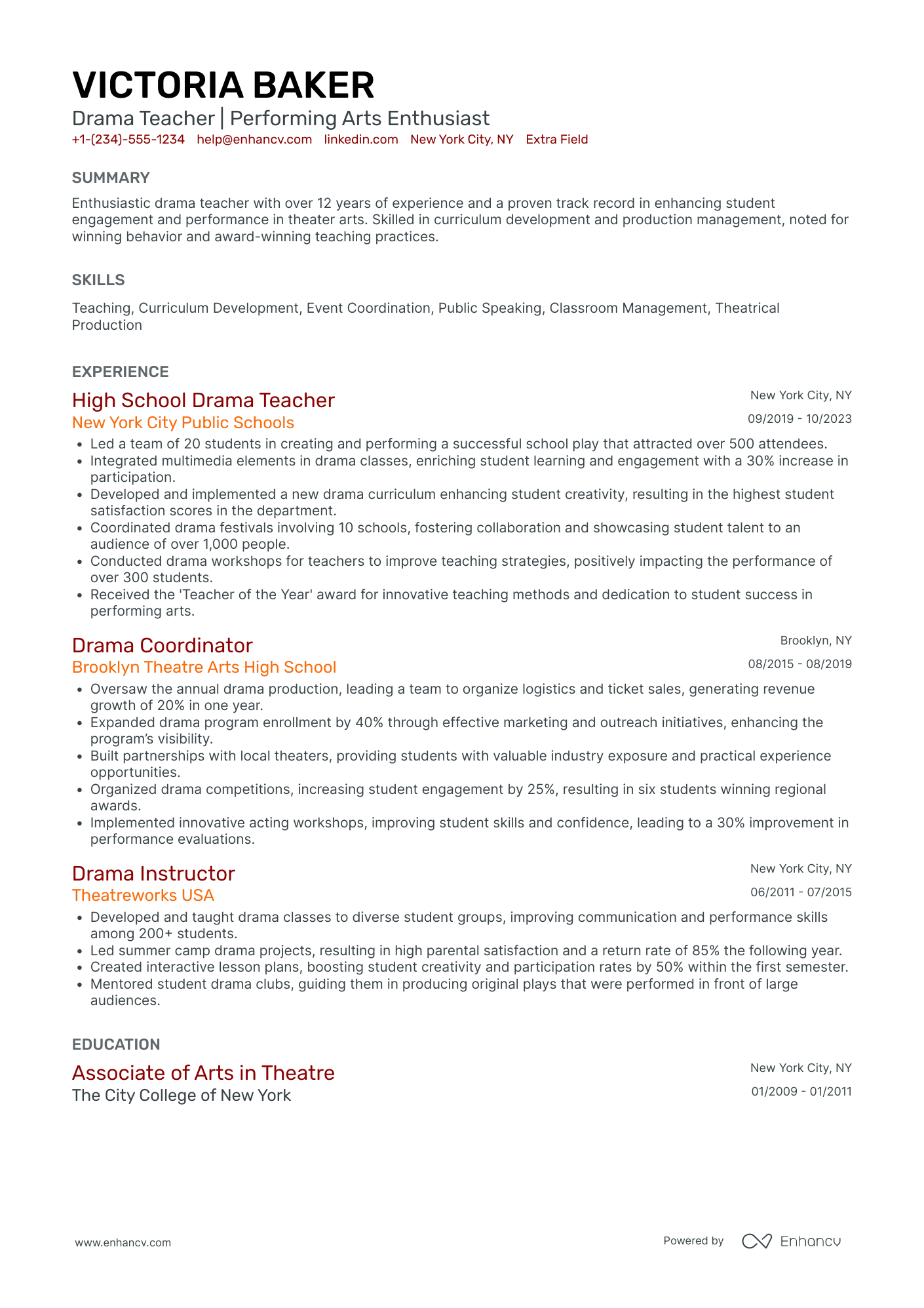 High School Drama Teacher Resume Example