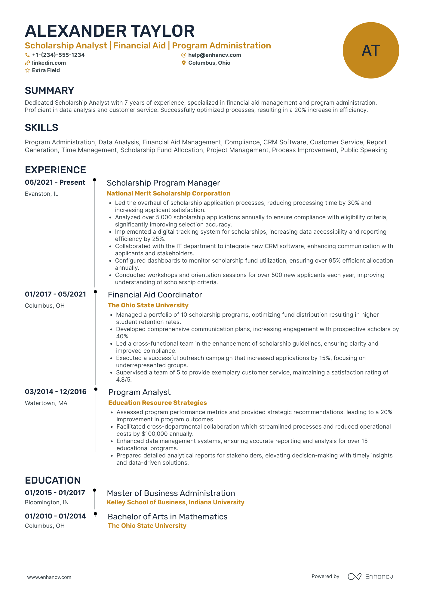 Scholarship Analyst Resume Example