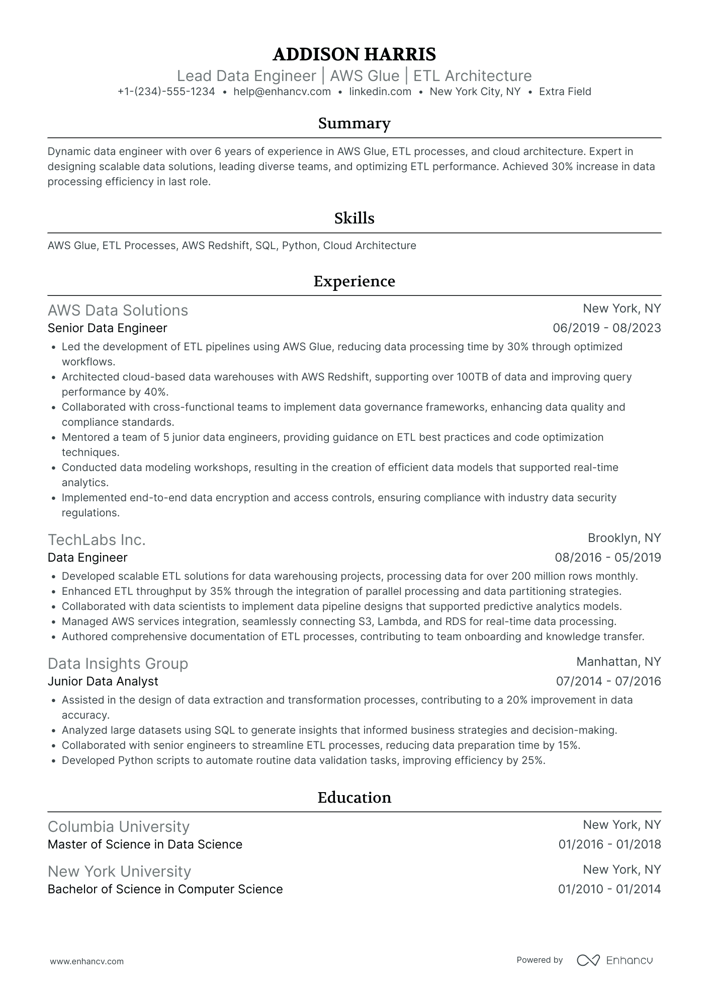 Real time Data Engineer Resume Example