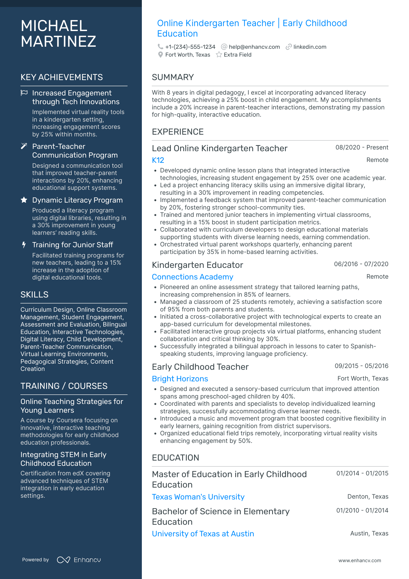 Online Kindergarten Teacher Resume Example