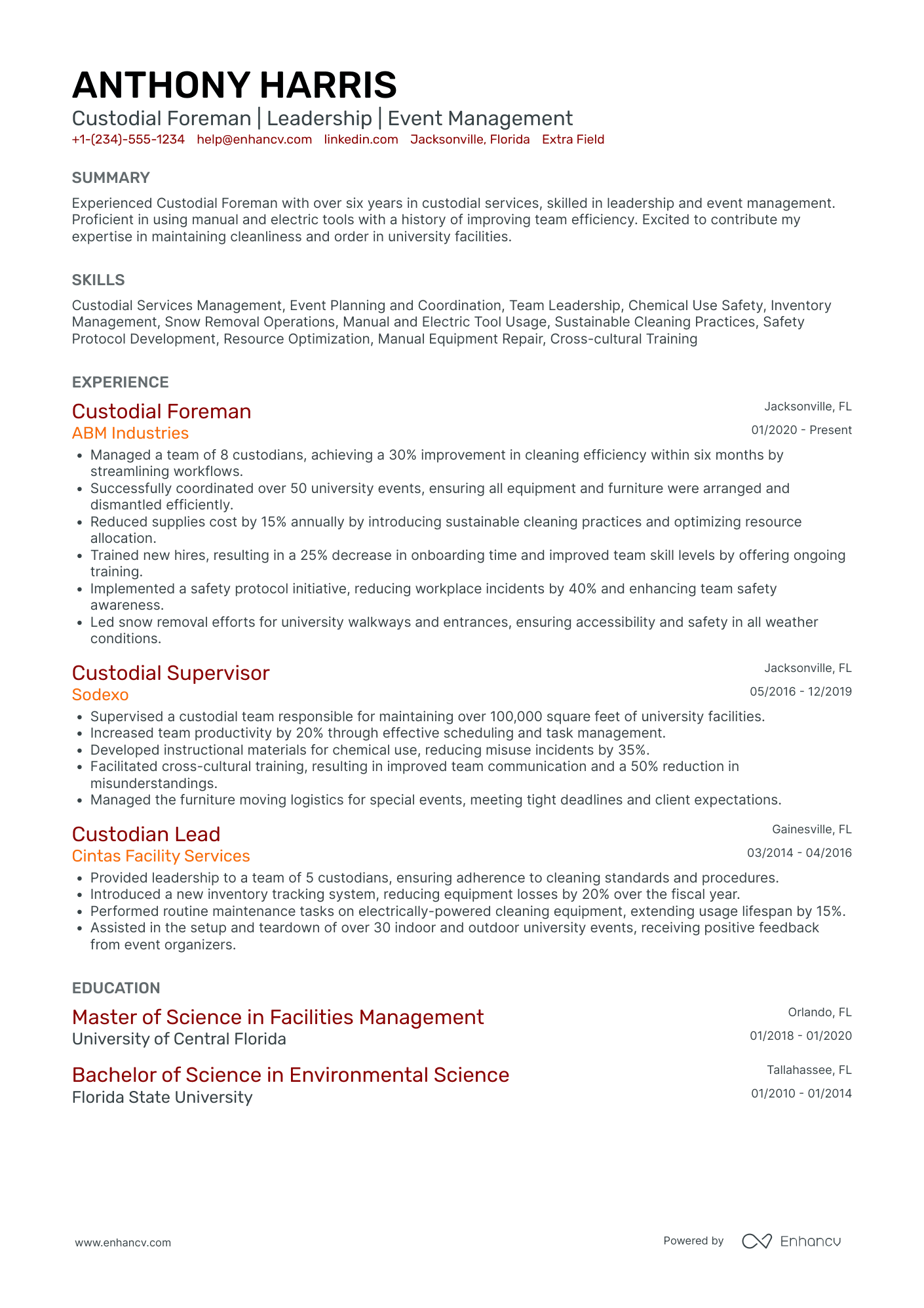 Custodial Foreman Resume Example