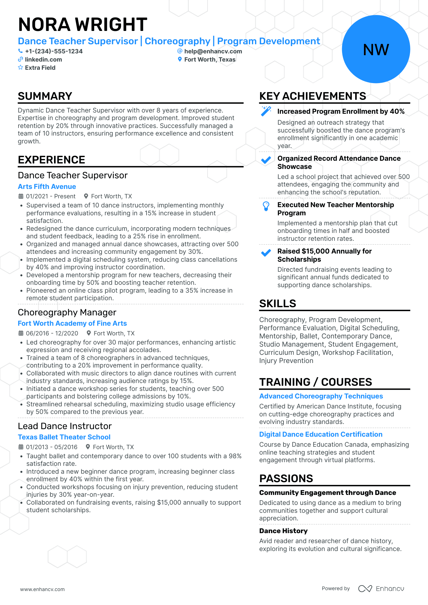 Dance Teacher Supervisor Resume Example