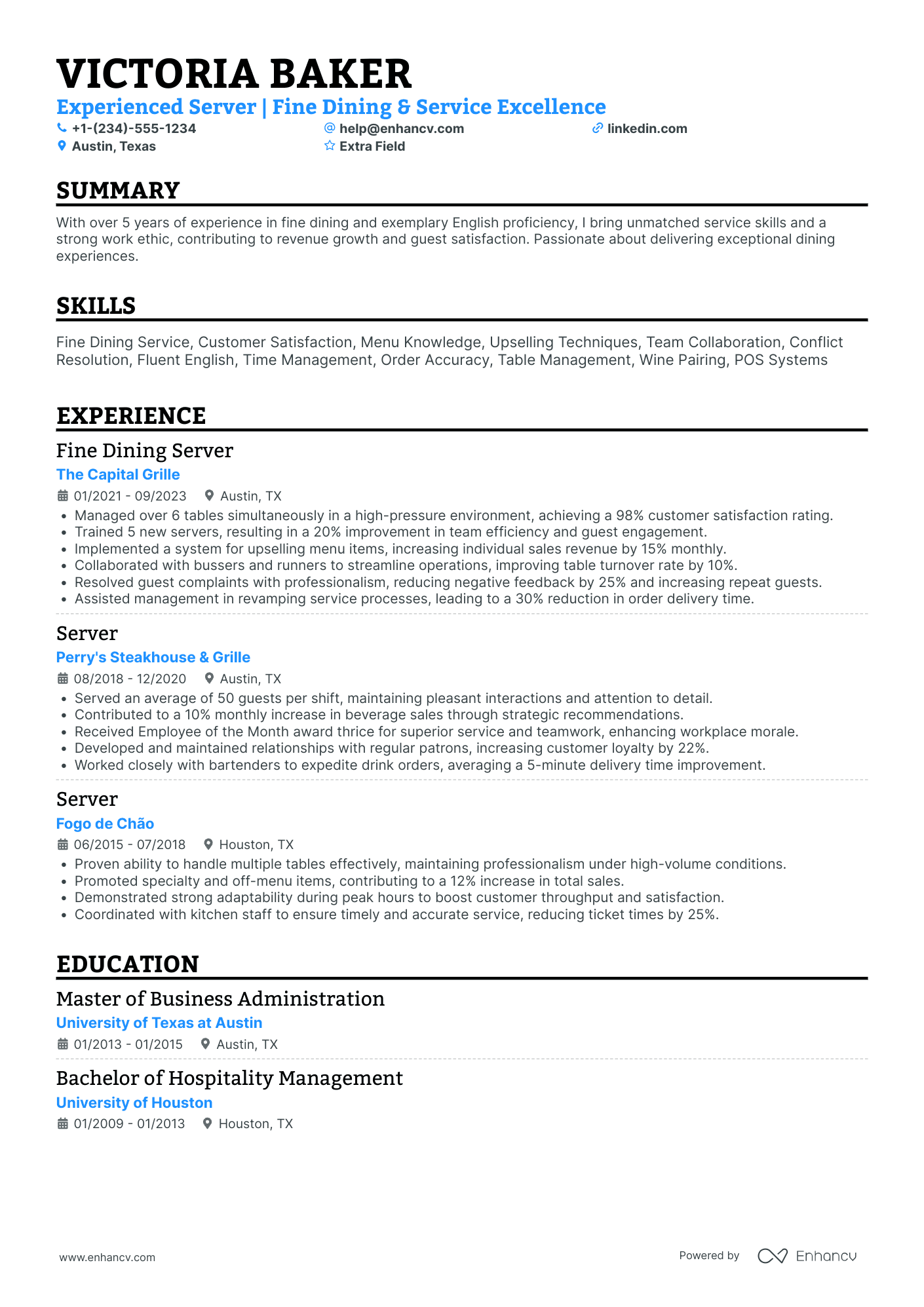 Experienced Busser Resume Example