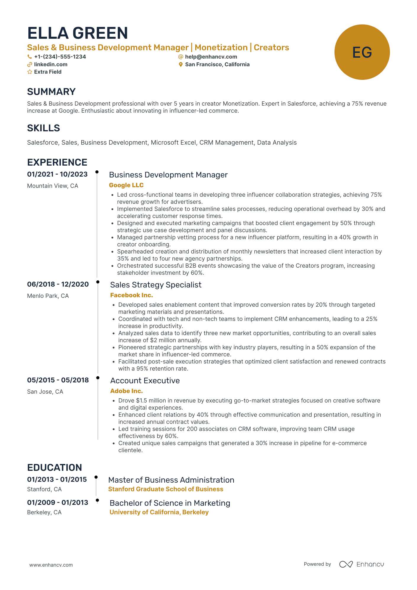 Amazon Business Development Manager Resume Example