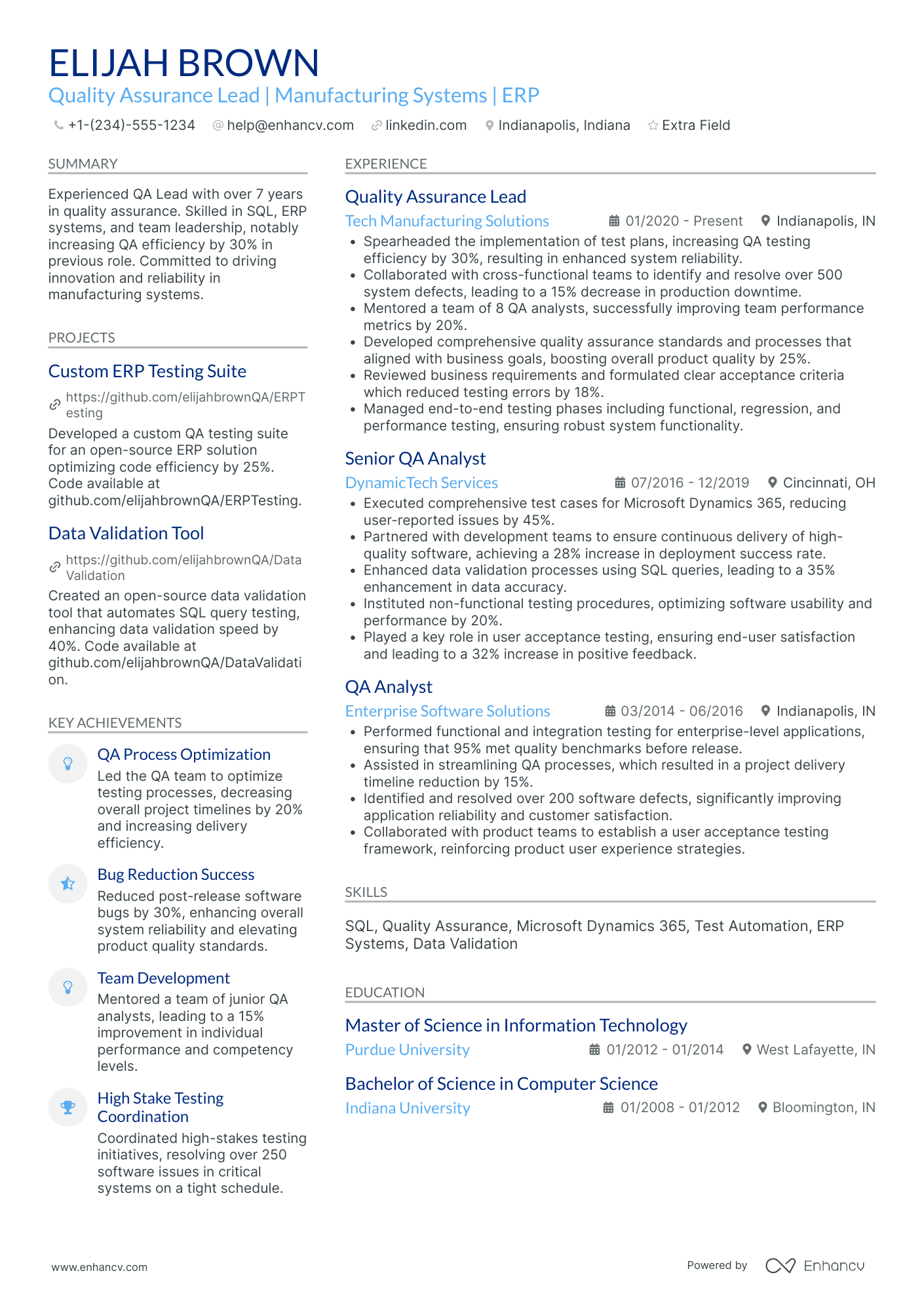 Lead QA Tester Resume Example