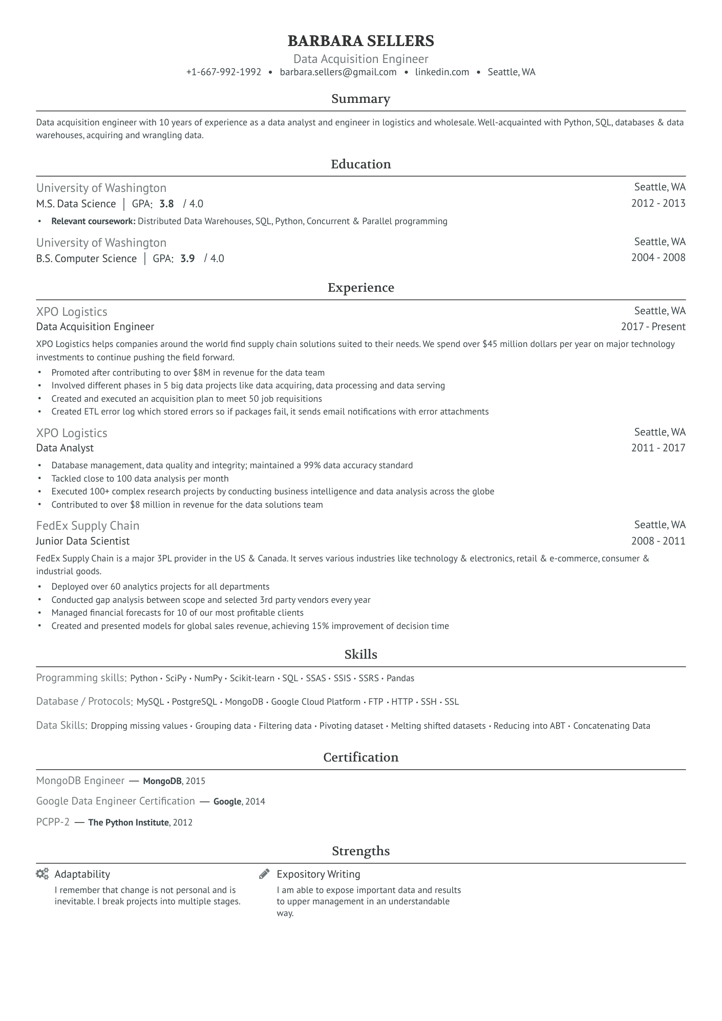 Data Acquisition Engineer Resume Example