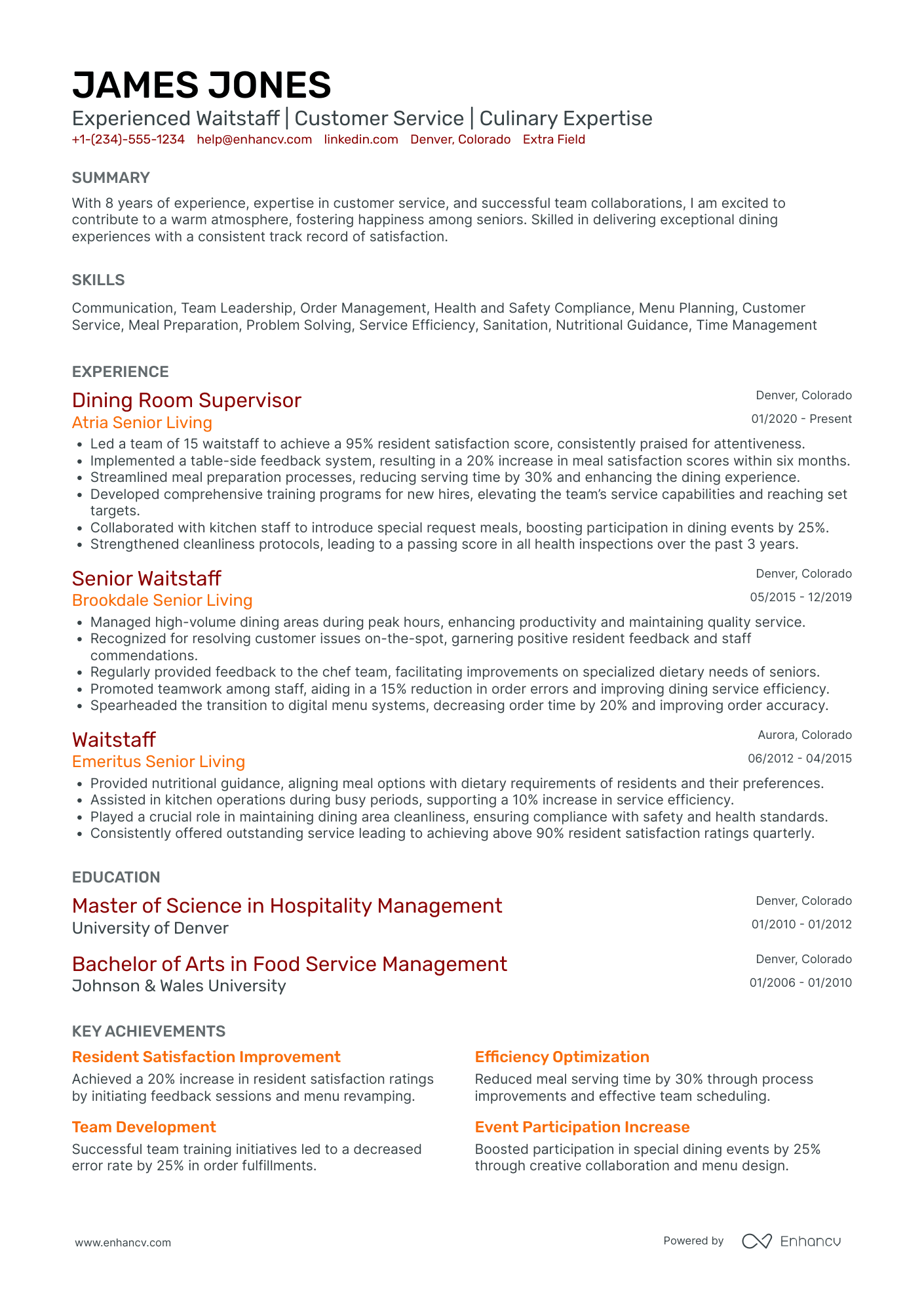 Senior Waiter Resume Example