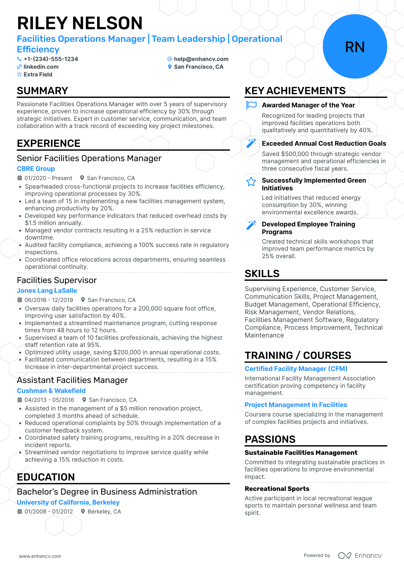 College Facilities Manager Resume Example