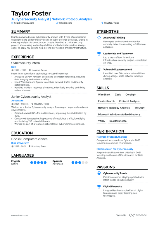 Junior Cyber Security Analyst Resume Example